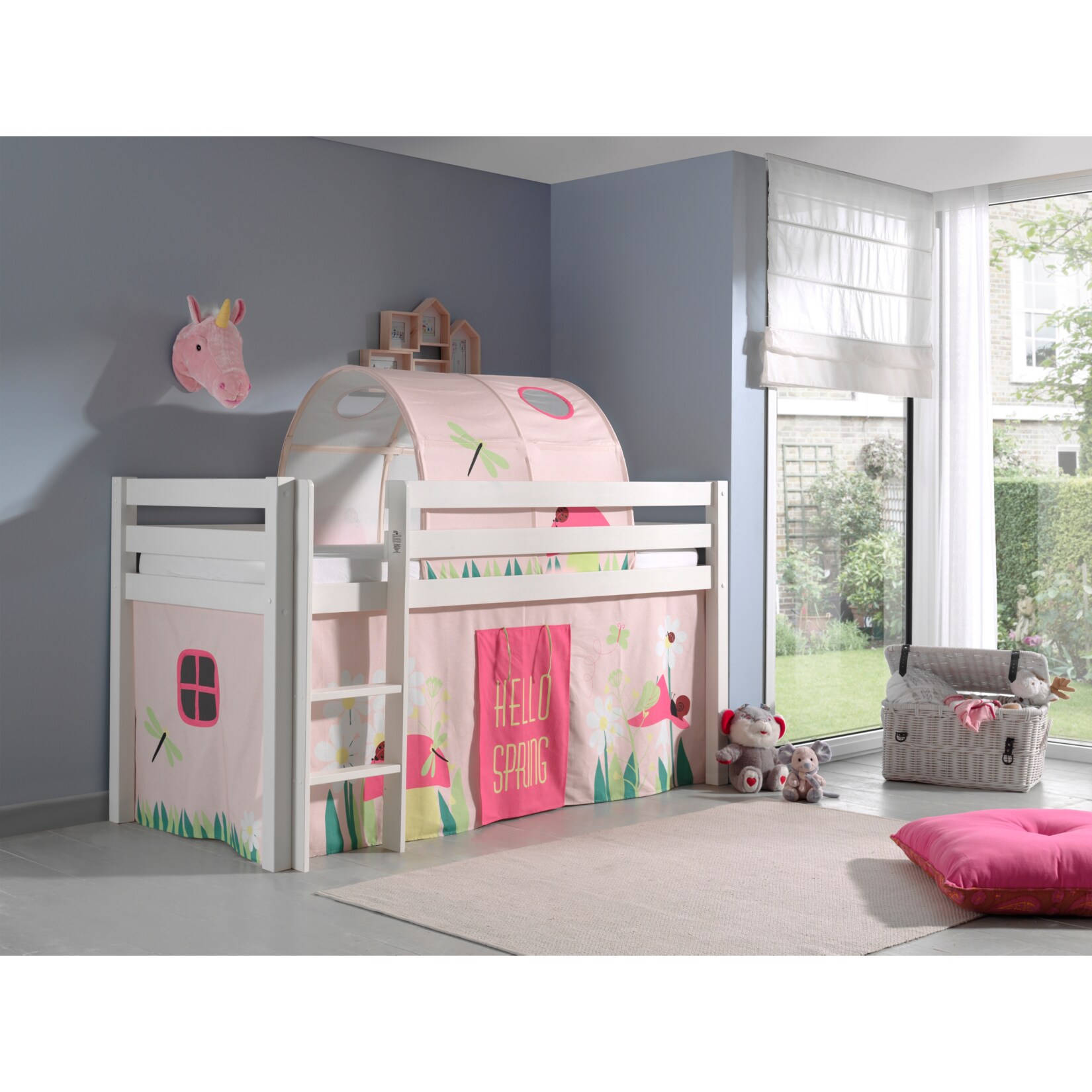 Vipack Spielbett Pino, Kiefer massiv weiß mit Vorhang und Tunnel – Dessin Spring | 05420070227605