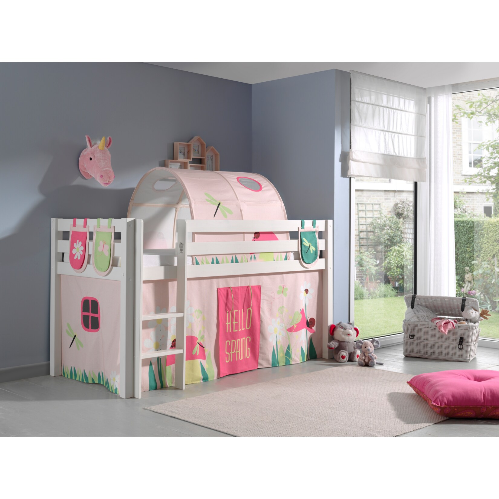 Vipack Spielbett Pino, Kiefer massiv weiß mit Vorhang, Tunnel und 3 Taschen – Dessin Spring | 05420070227629