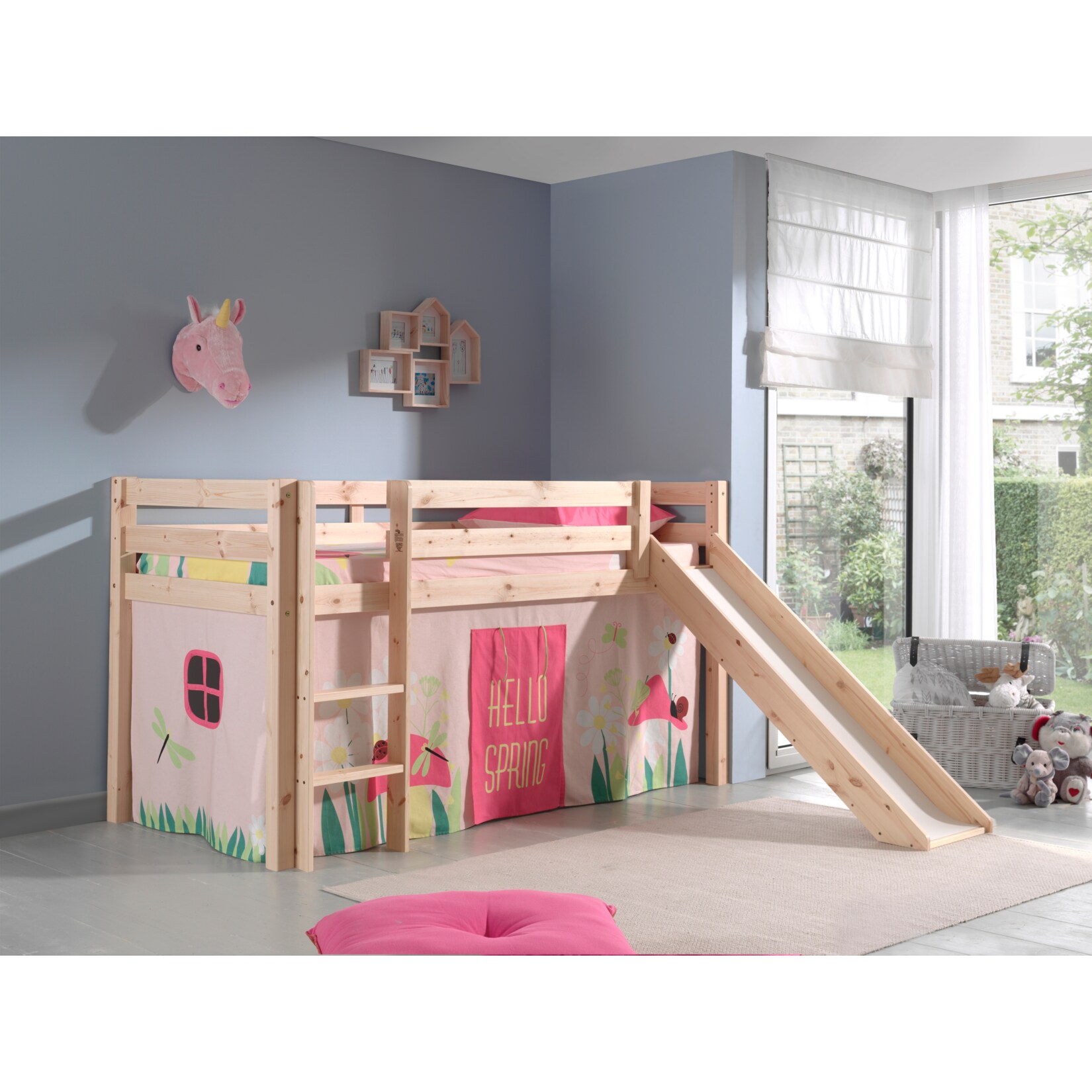 Vipack Spielbett Pino inkl. Rutsche, Kiefer massiv natur mit Vorhang - Dessin Spring - Bild 1