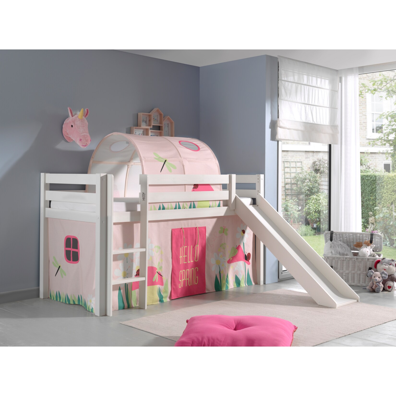 Vipack Spielbett Pino inkl. Rutsche, Kiefer massiv wei&szlig; mit Vorhang und Tunnel - Dessin Spring - Bild 1