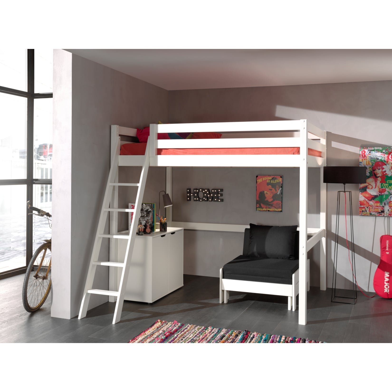 Vipack Hochbett inkl. Kommode und Sessel Kiefer massiv 140 x 200 cm, weiß