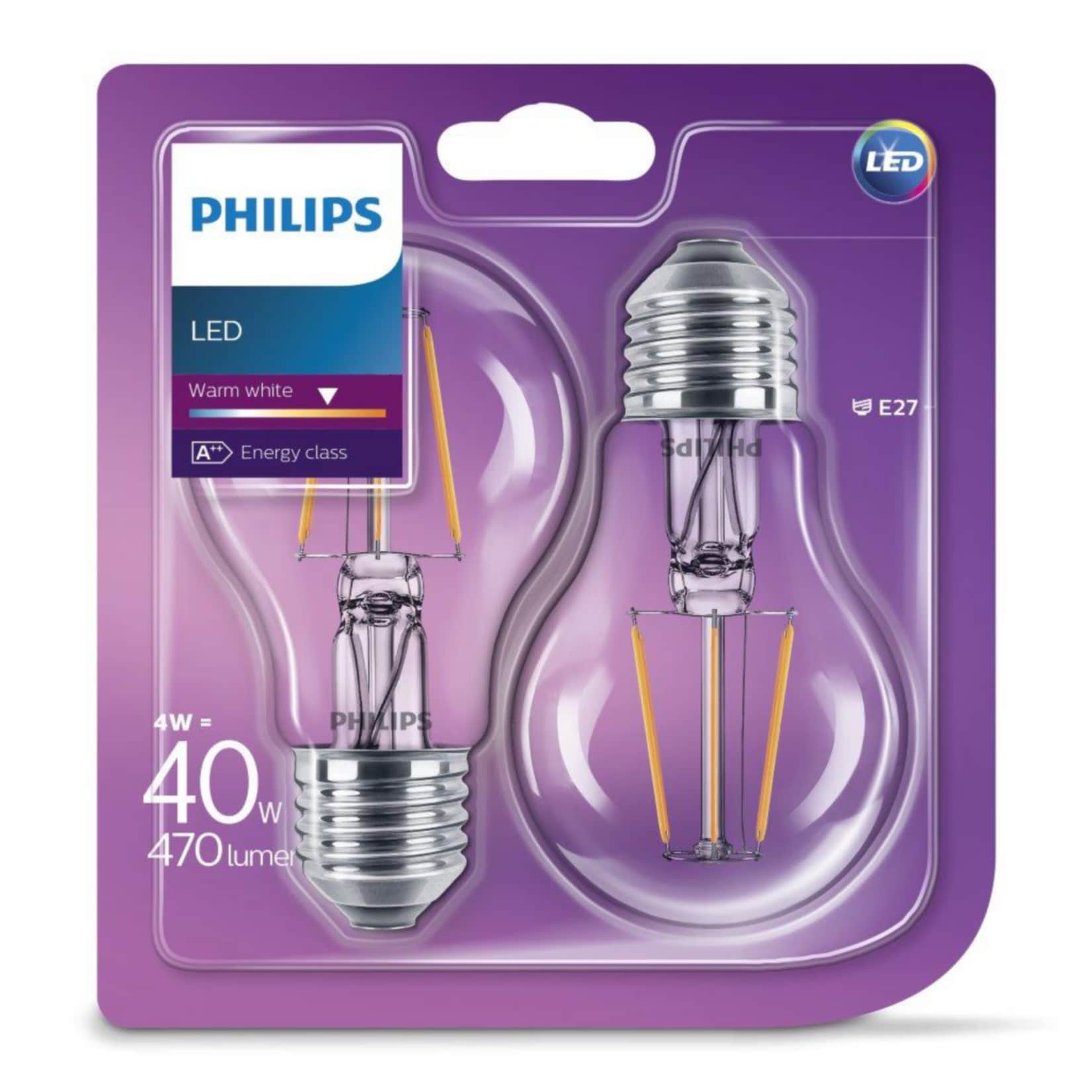 PHILIPS LED Leuchtmittel - Filament Birne 40W A60 E27, 2er Pack - Bild 1
