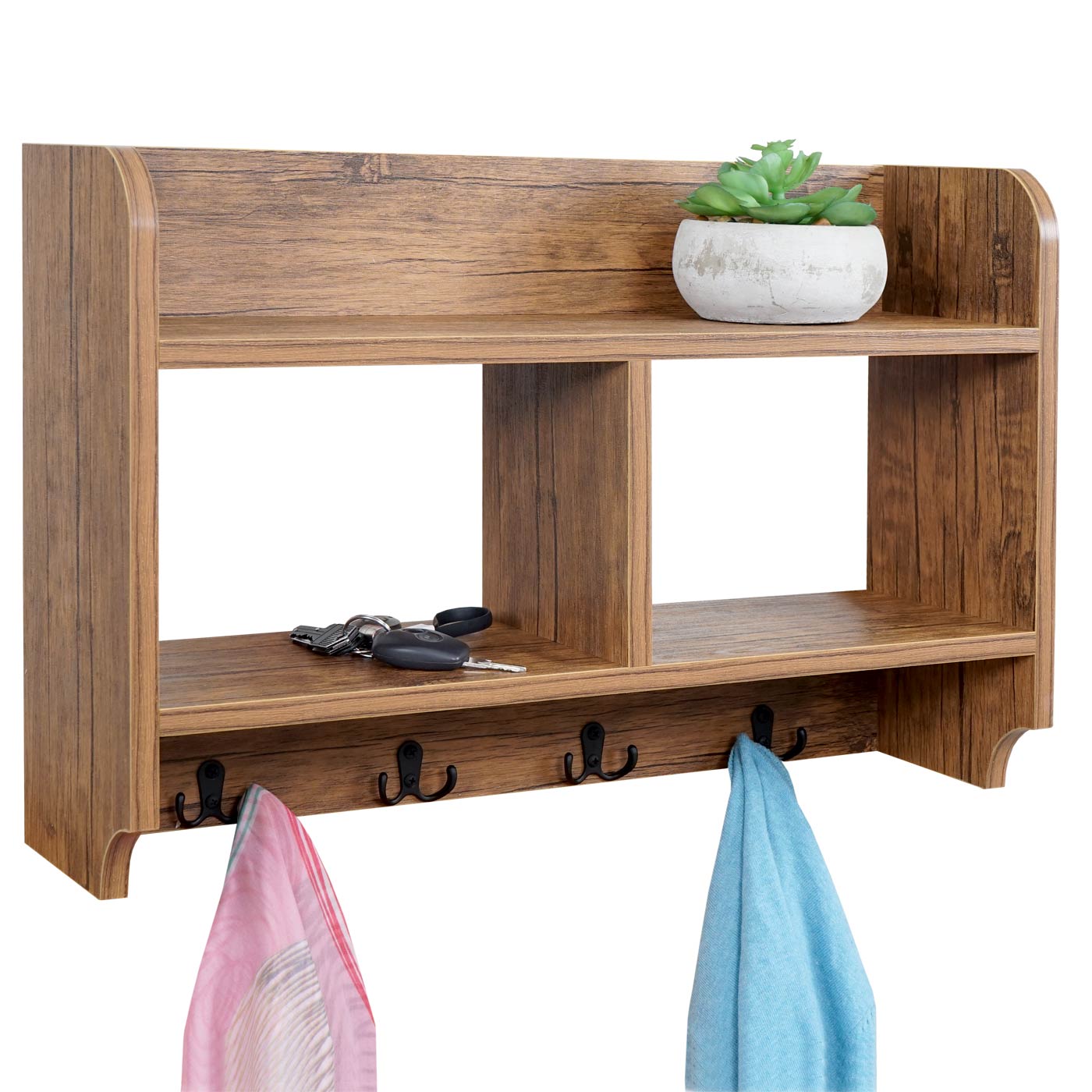 Wandgarderobe MCW-C68, Garderobe Regal, 4 Haken 2 Regalf&auml;cher, 41x60x19cm 3D-Struktur ~ Wildeiche-Optik - Bild 1