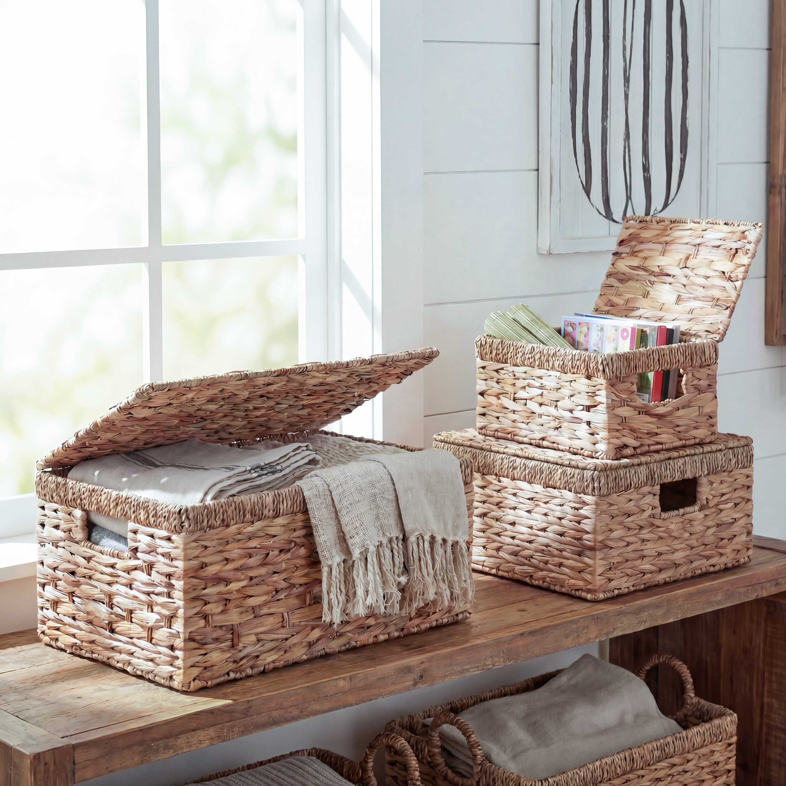 3er Set Aufbewahrungsbox MCW-C23, Truhe Kiste Box mit Deckel, Wasserhyazinthe naturfarben - Bild 1