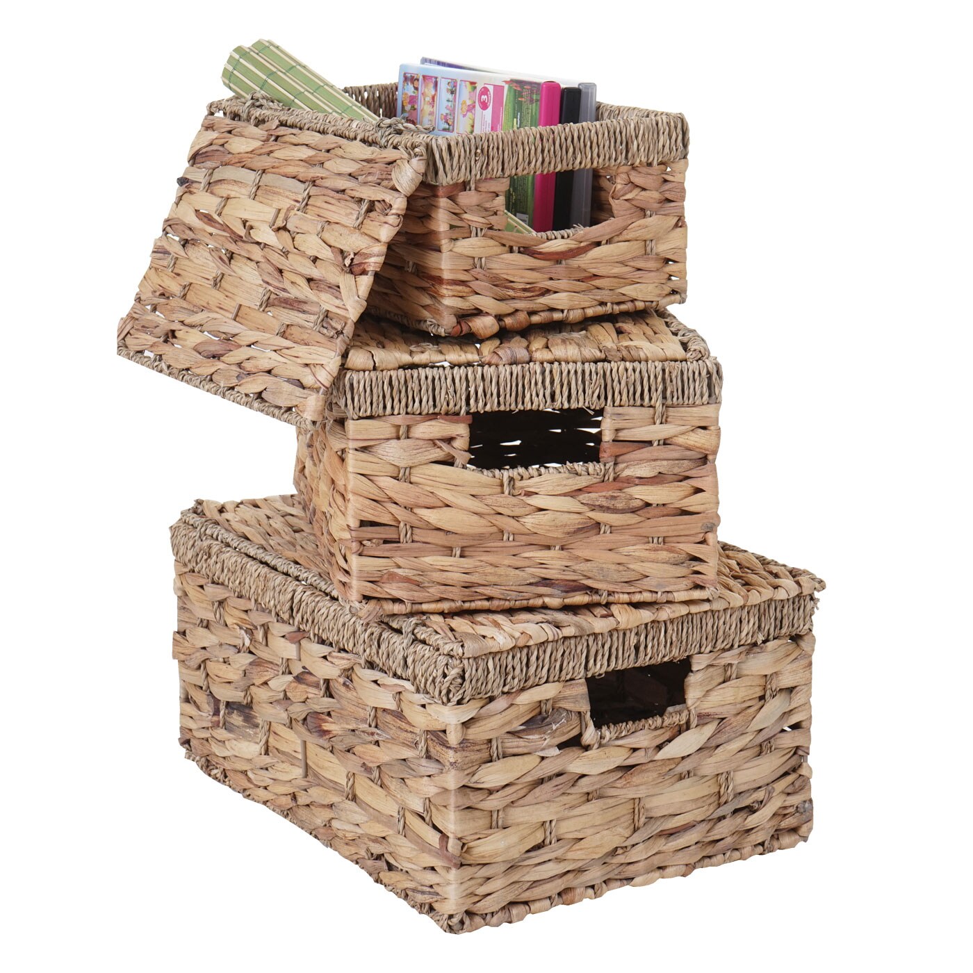 3er Set Aufbewahrungsbox MCW-C23, Truhe Kiste Box mit Deckel, Wasserhyazinthe naturfarben | 04057651225524