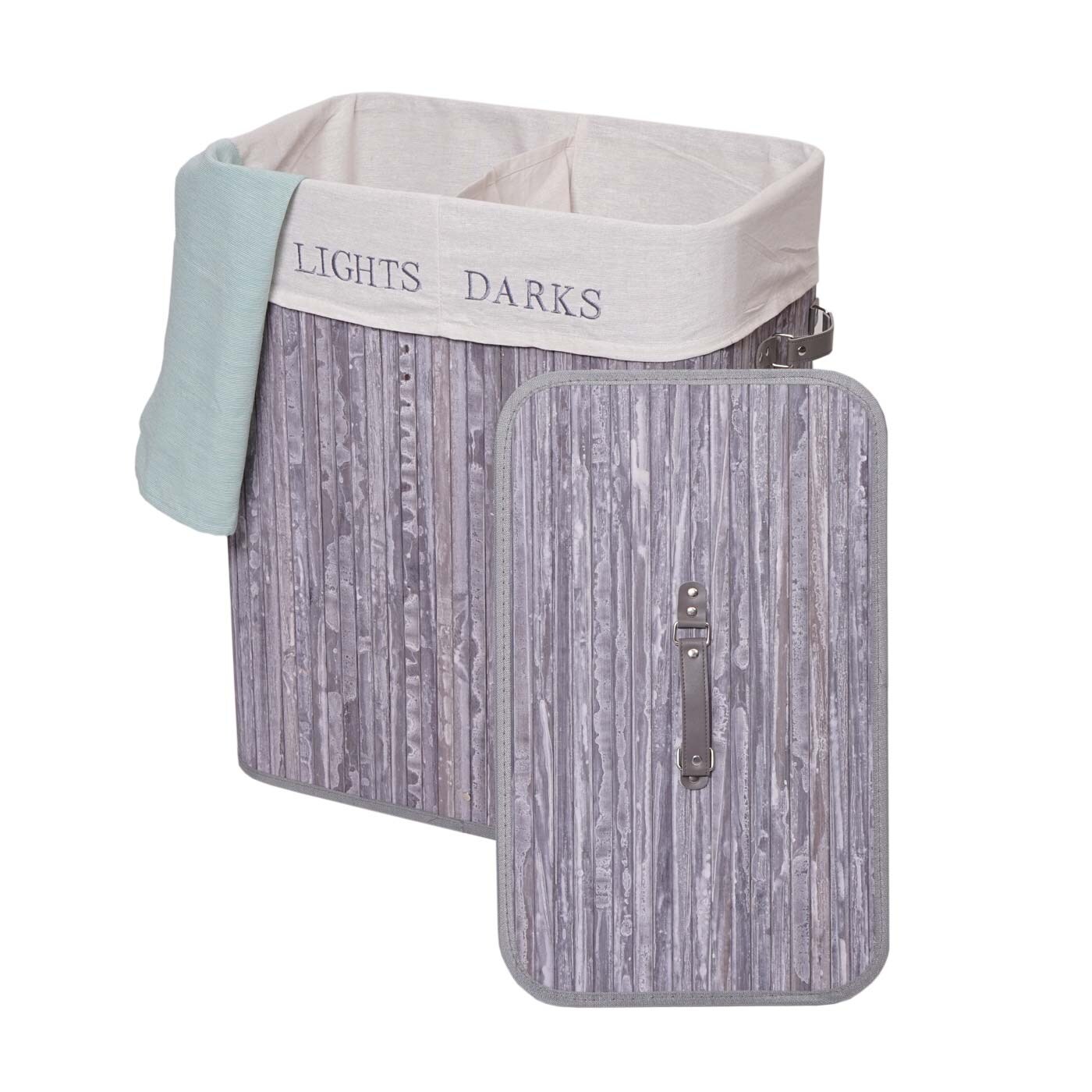 Wäschekorb MCW-C21, Laundry Wäschebox Wäschesammler Wäschebehälter, Bambus 2 Fächer 63x55x34cm 100l ~ grau-blau