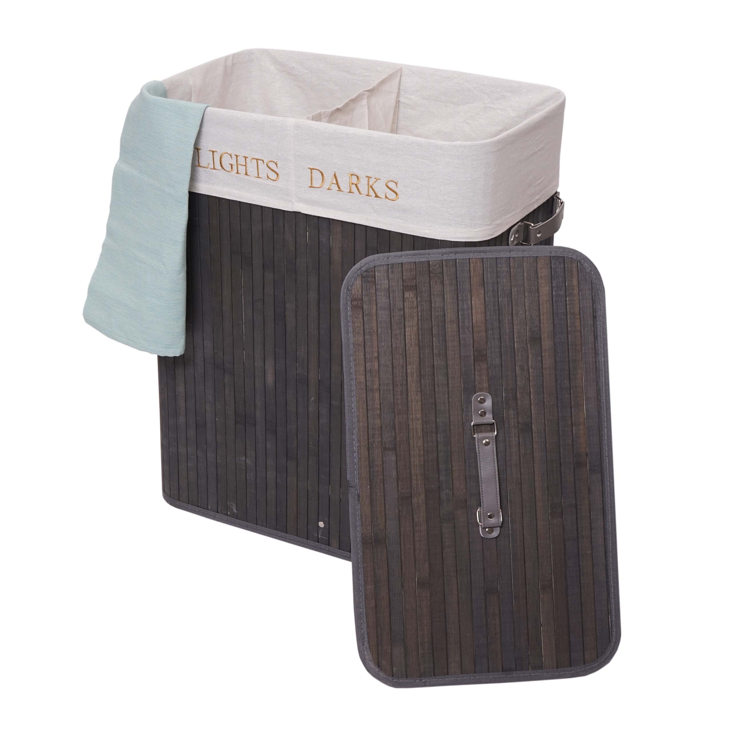 W&auml;schekorb MCW-C21, Laundry W&auml;schebox W&auml;schesammler W&auml;schebeh&auml;lter, Bambus 2 F&auml;cher 63x55x34cm 100l ~ dunkelgrau - Bild 1