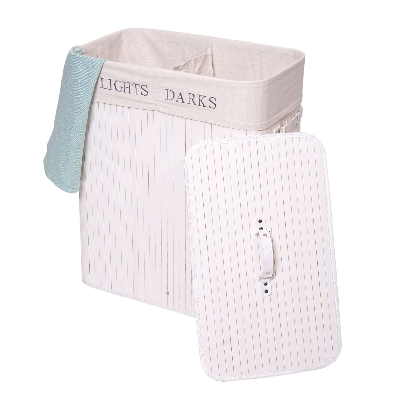 Wäschekorb MCW-C21, Laundry Wäschebox Wäschesammler Wäschebehälter, Bambus 2 Fächer 63x55x34cm 100l ~ weiß | 04057651384085