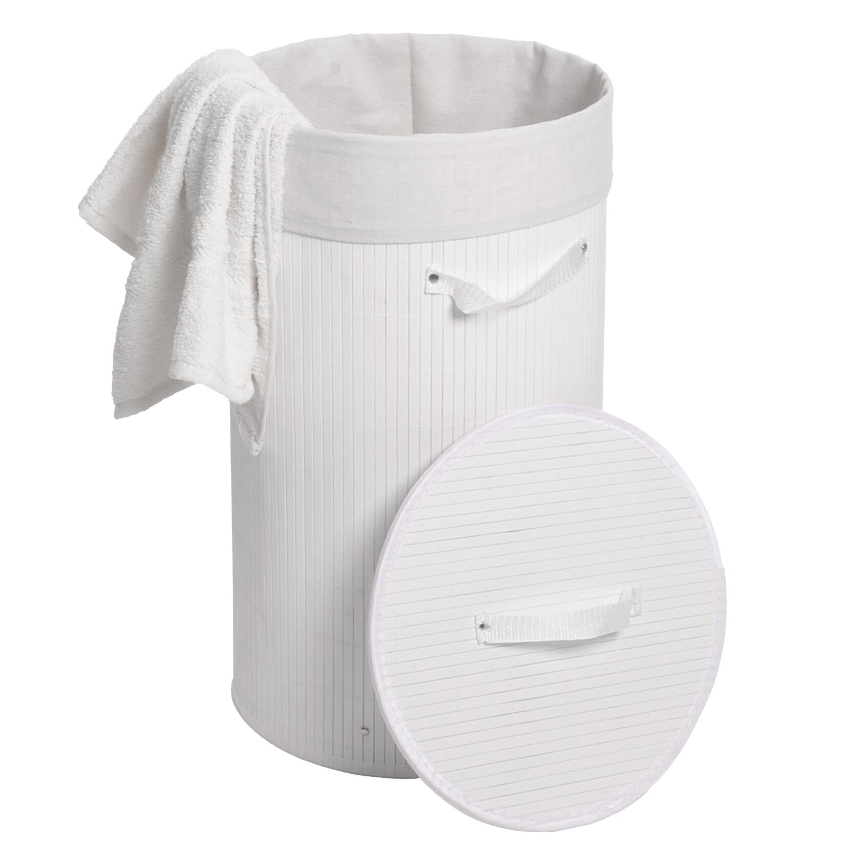 Wäschekorb MCW-C21, Laundry Wäschebox Wäschesammler Wäschebehälter Wäschetonne, Bambus rund 59x35cm 50l ~ weiß | 04057651732350