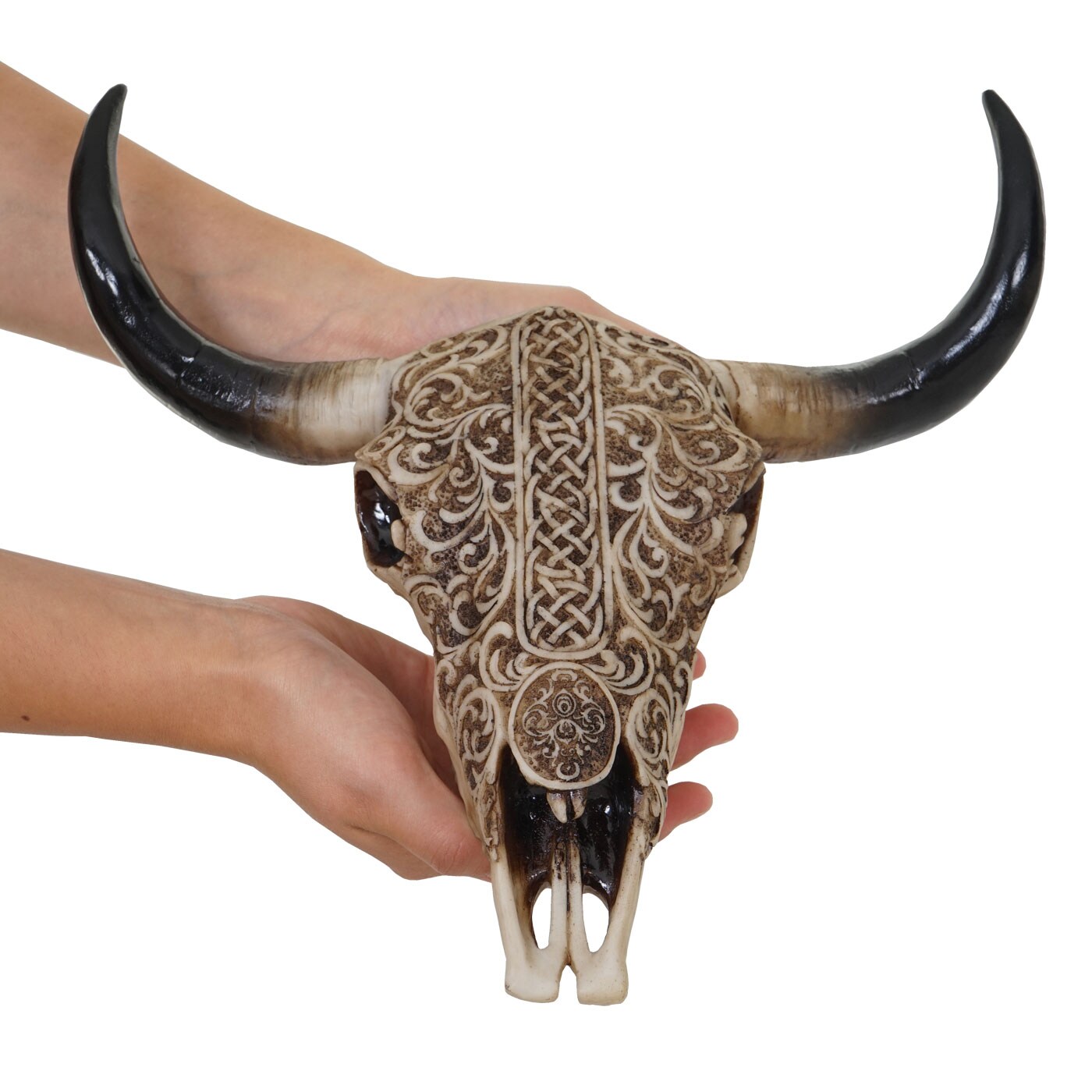 Deko Schädel 31cm MCW-C15, Polyresin Stier Bulle Longhorn Kopf Trophäe mit Tribal, In-/Outdoor | 04057651115399