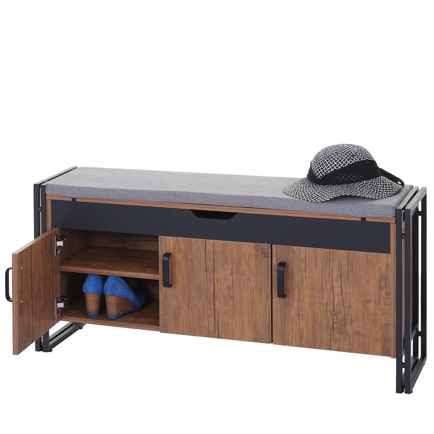 Schuhkommode mit Sitzm&ouml;glichkeit MCW-A27, Kommode Bank mit Kissen, 53x110x30cm 3D-Struktur Metall ~ Wildeiche-Optik - Bild 1
