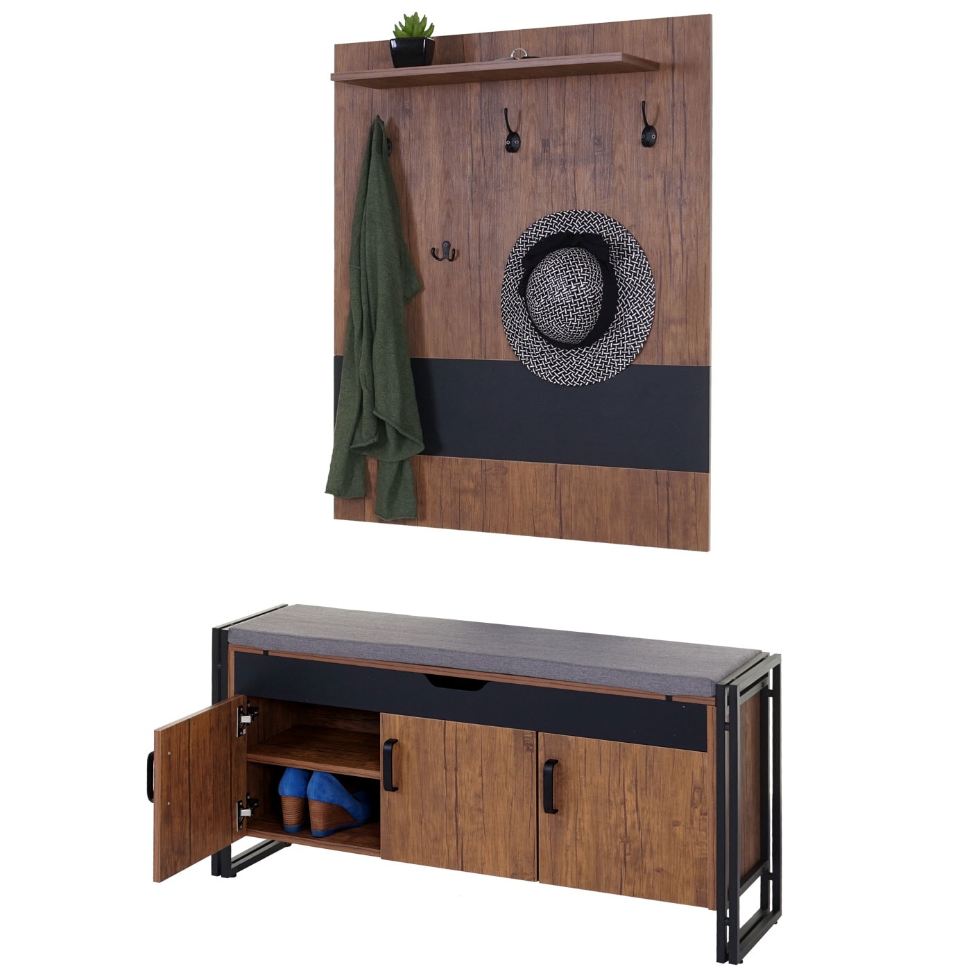Garderobe mit Sitzbank MCW-A27, Garderobenpaneel Kommode, 53x110x30cm 3D-Struktur, MVG Wildeiche-Optik - Bild 1