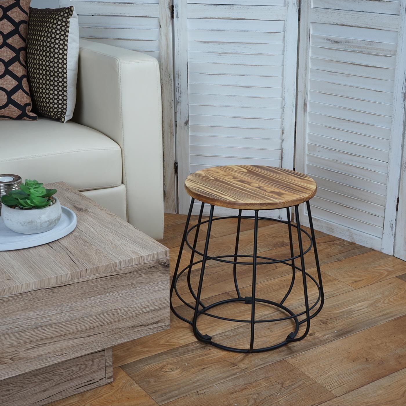 Sitzhocker mit Stauraum MCW-A80, Hocker Aufbewahrung, Industriedesign Echtholz MVG Ø35cm | 04057651206363