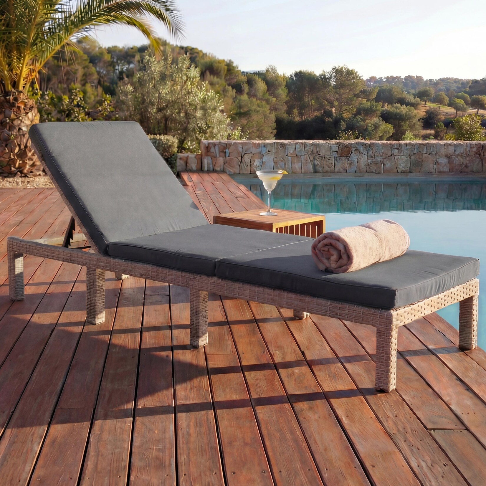 Poly-Rattan Sonnenliege MCW-A51, Relaxliege Gartenliege Liege ~ Basic grau, Kissen dunkelgrau