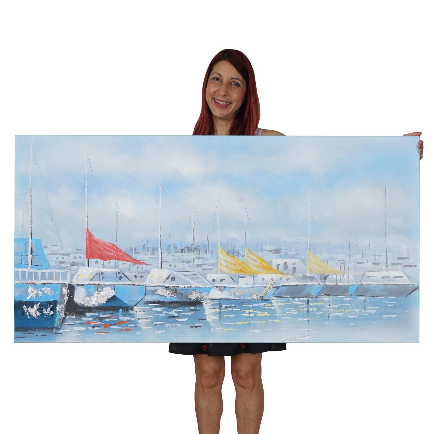 Wandbild Boote, 100% handgemaltes Ölgemälde Gemälde XL, 140x70cm
