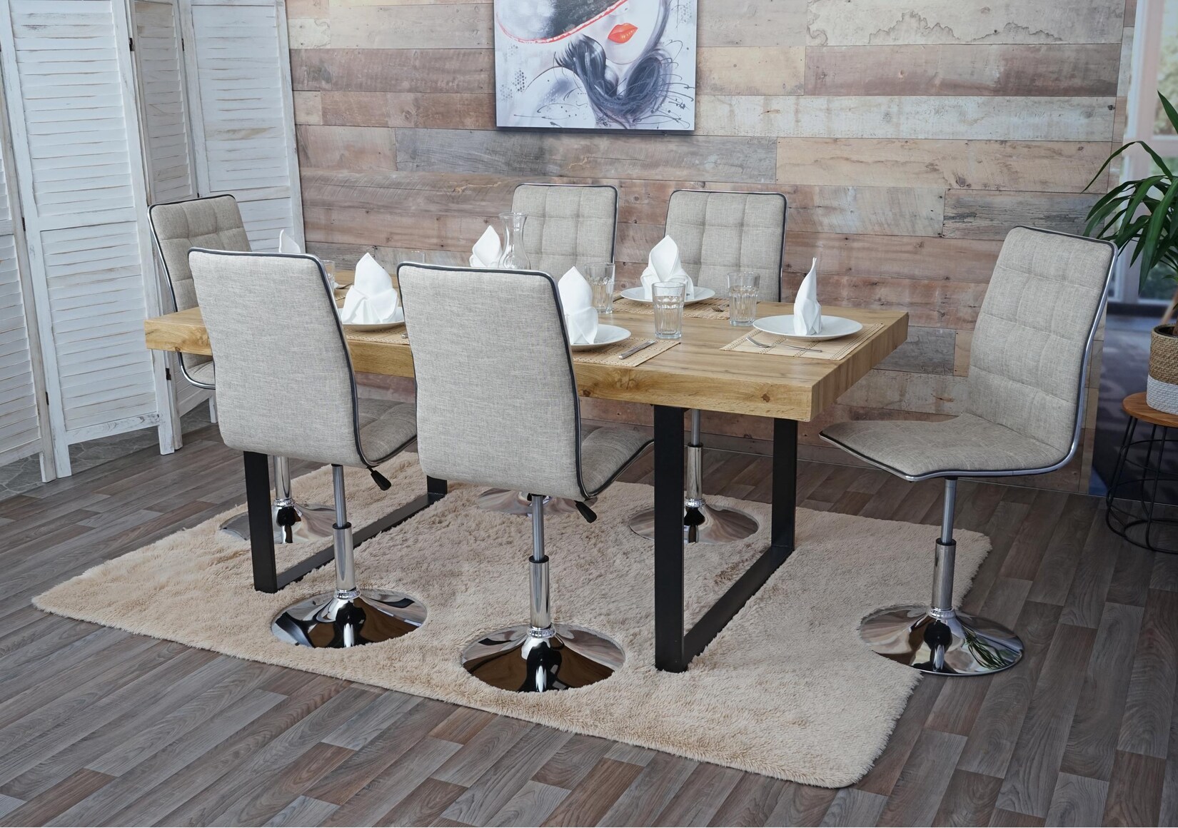 6er-Set Esszimmerstuhl MCW-C41, Stuhl Küchenstuhl, höhenverstellbar drehbar, Stoff/Textil MVG ~ creme-grau