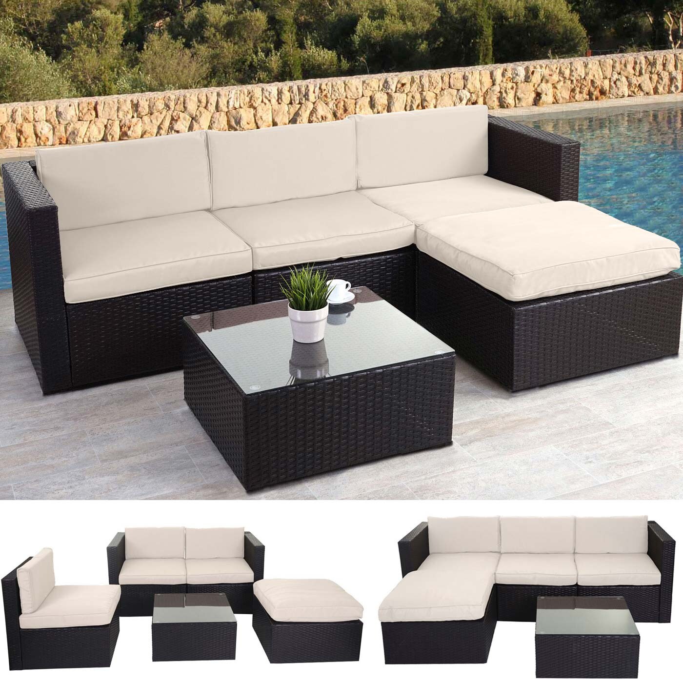 Poly-Rattan-Garnitur MCW-D28, Gartengarnitur Sofa Set ~ braun, Polster creme ohne Deko-Kissen/Abdeckung | 04057651217017