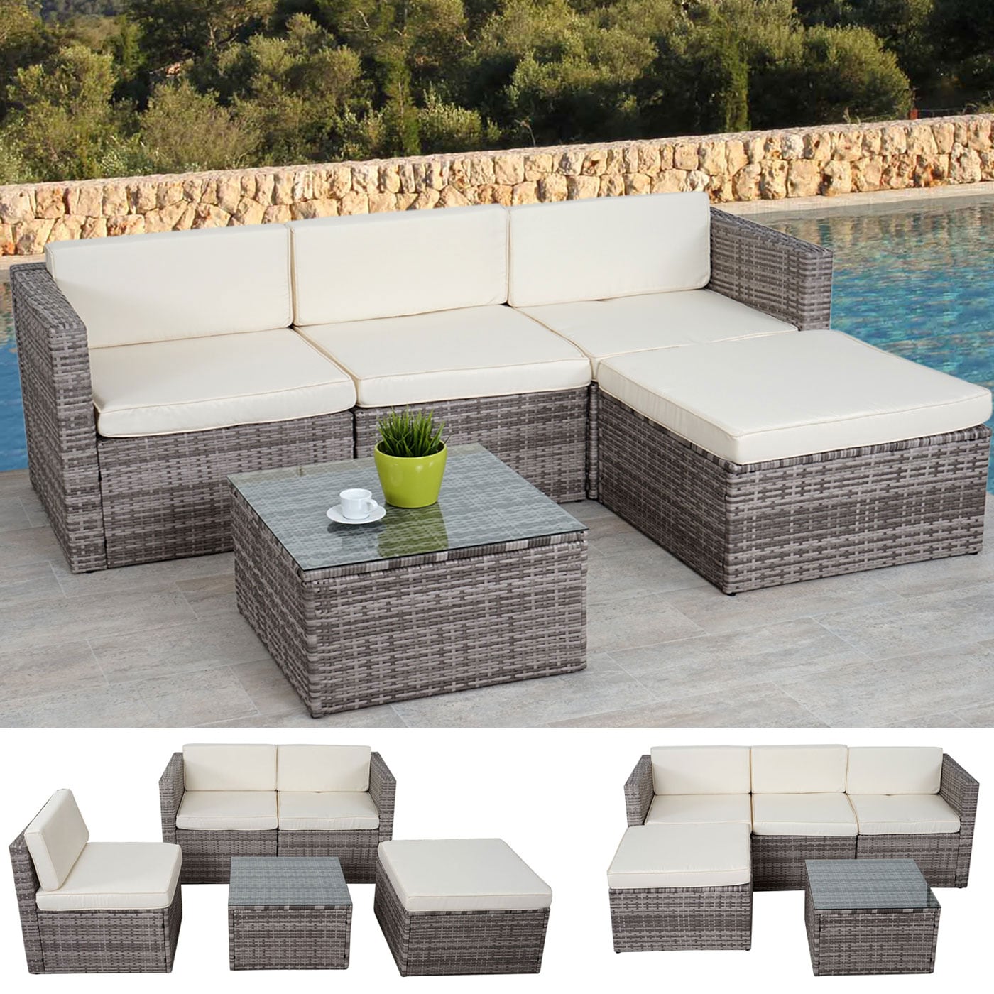 Poly-Rattan-Garnitur MCW-D28, Gartengarnitur Sofa Set ~ grau, Polster creme ohne Deko-Kissen/Abdeckung - Bild 1
