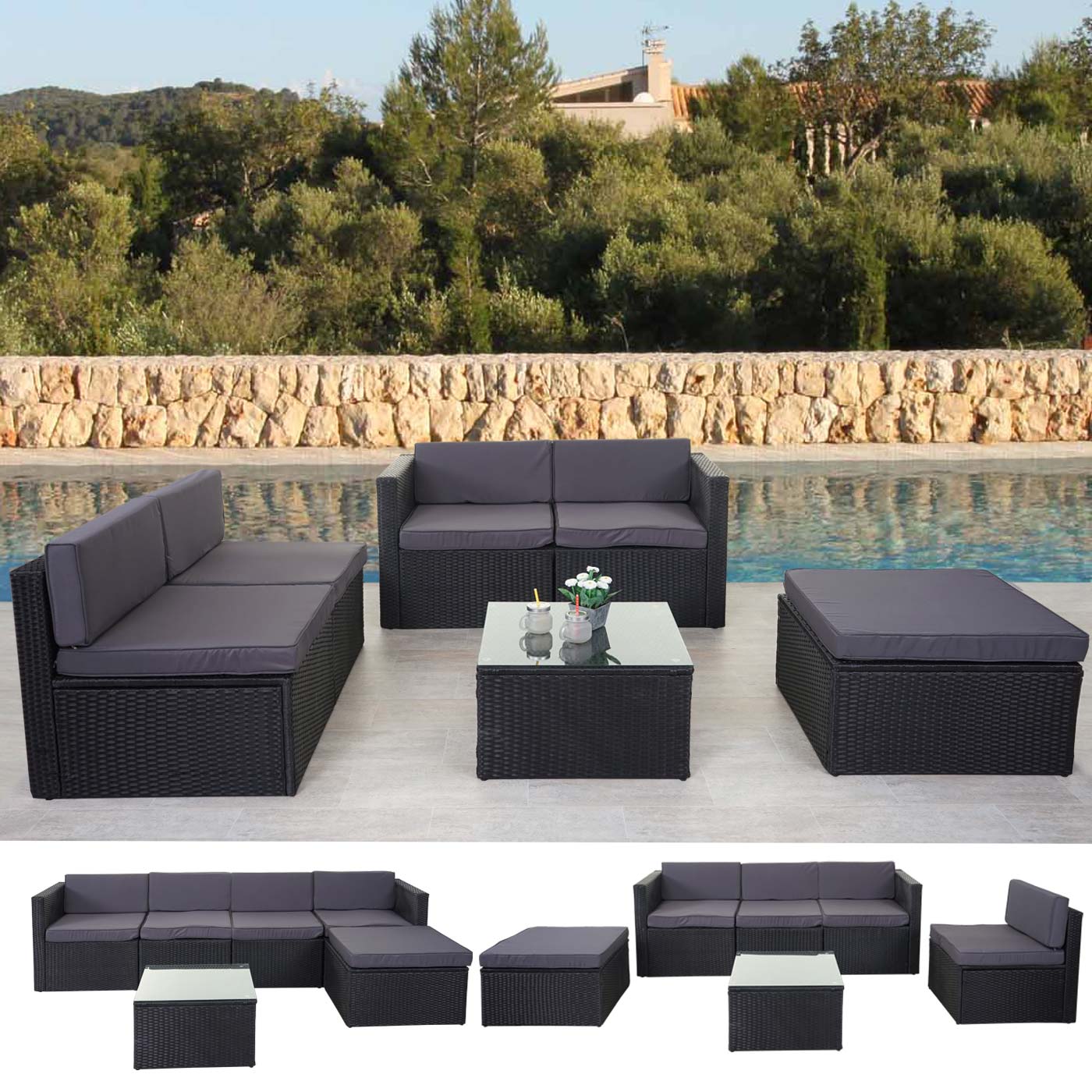 Poly-Rattan-Garnitur MCW-D24, Garten-/Lounge-Set Sofa ~ anthrazit, Polster dunkelgrau - Bild 1