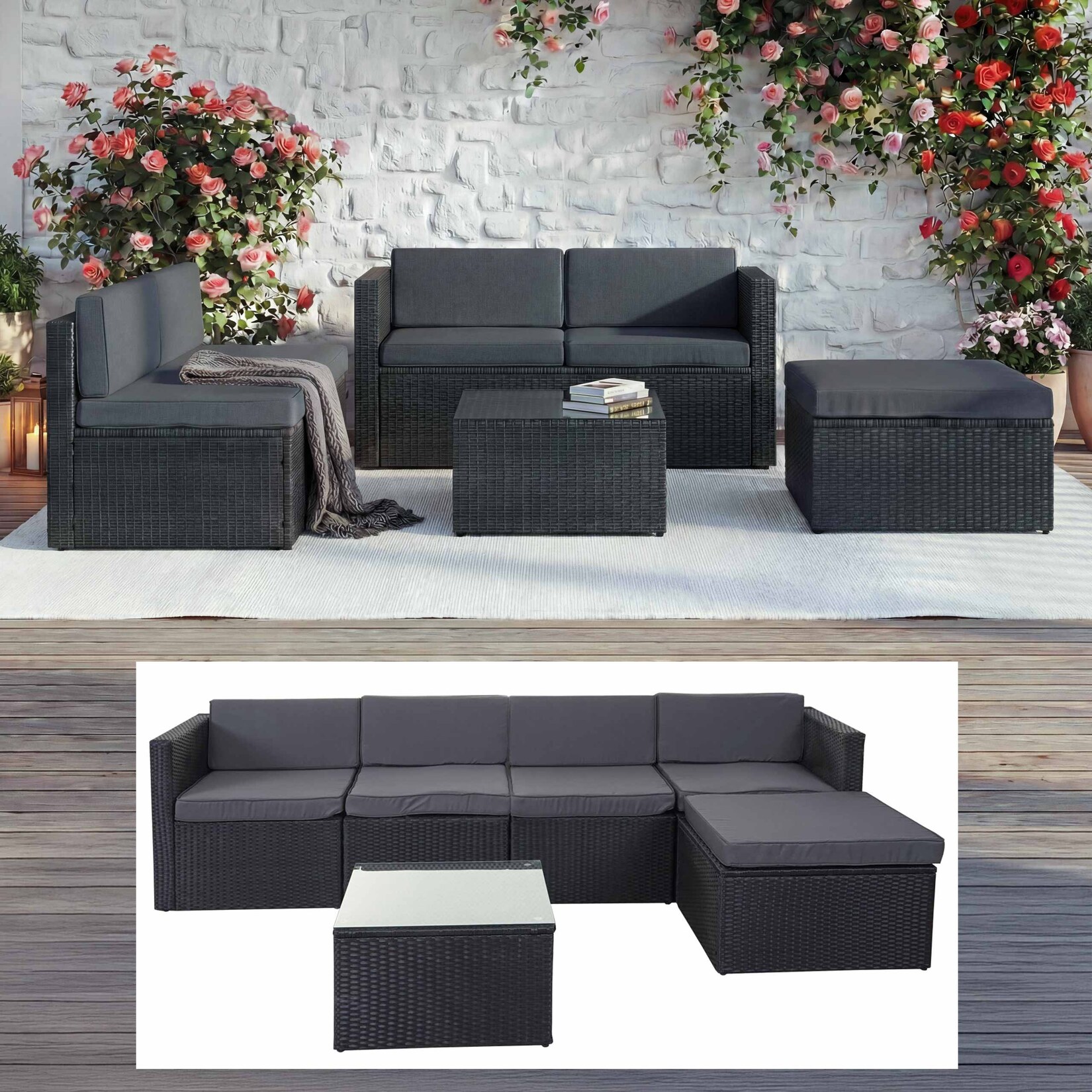 Poly-Rattan-Garnitur MCW-D24, Garten-/Lounge-Set Sofa ~ anthrazit, Polster dunkelgrau