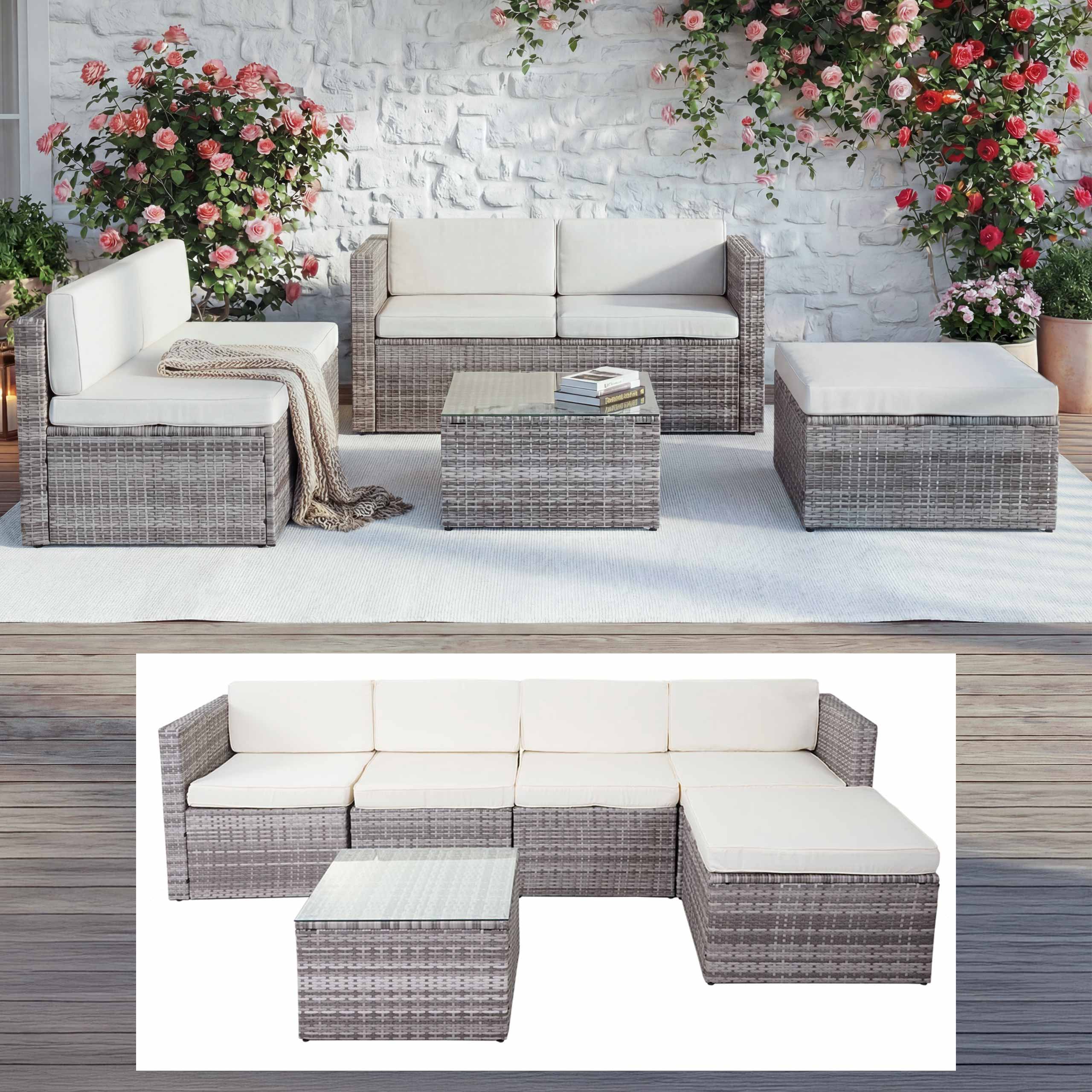 Poly-Rattan-Garnitur MCW-D24, Garten-/Lounge-Set Sofa ~ grau, Polster creme - Bild 1