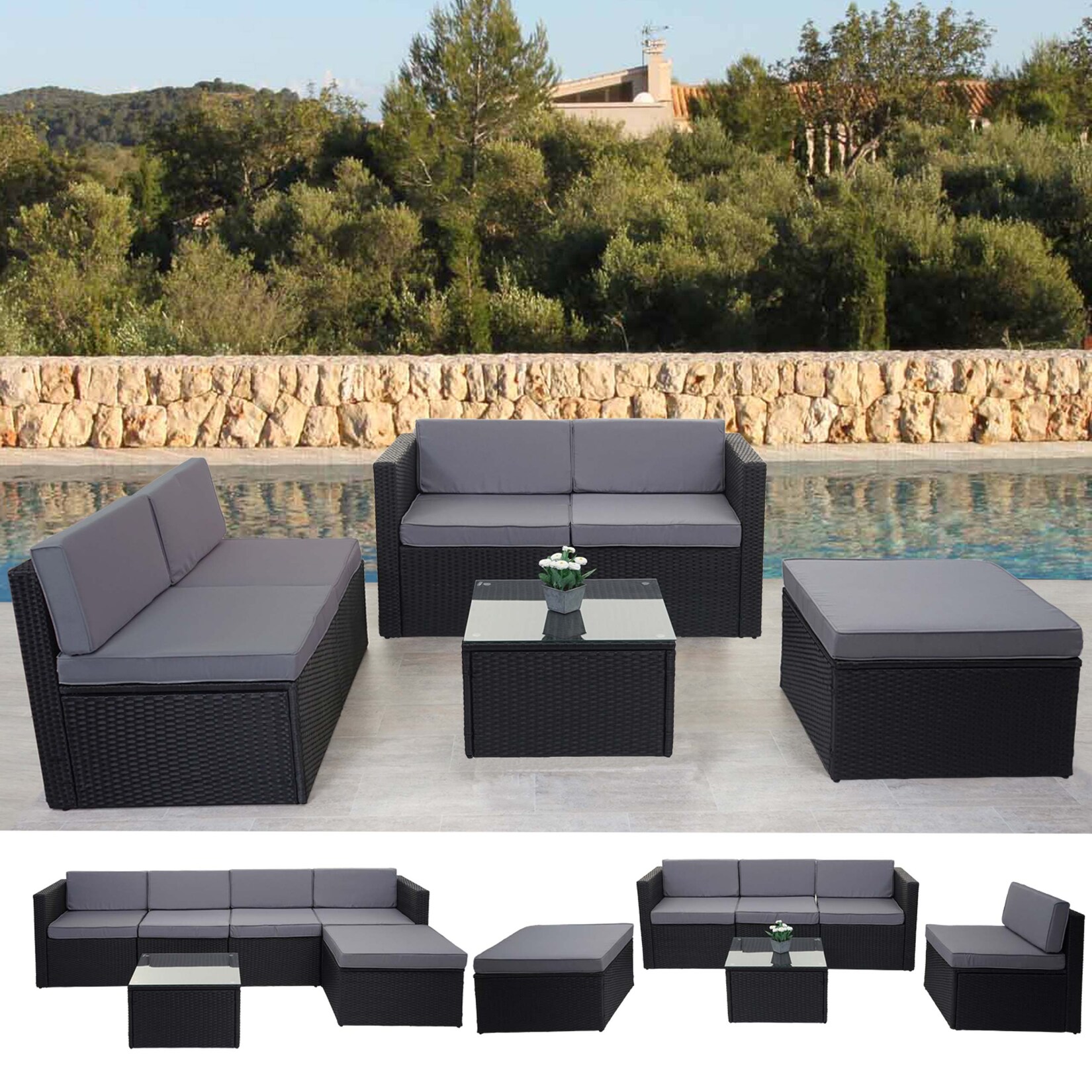 Poly-Rattan-Garnitur MCW-D24, Garten-/Lounge-Set Sofa ~ anthrazit, Polster grau | 04057651544106