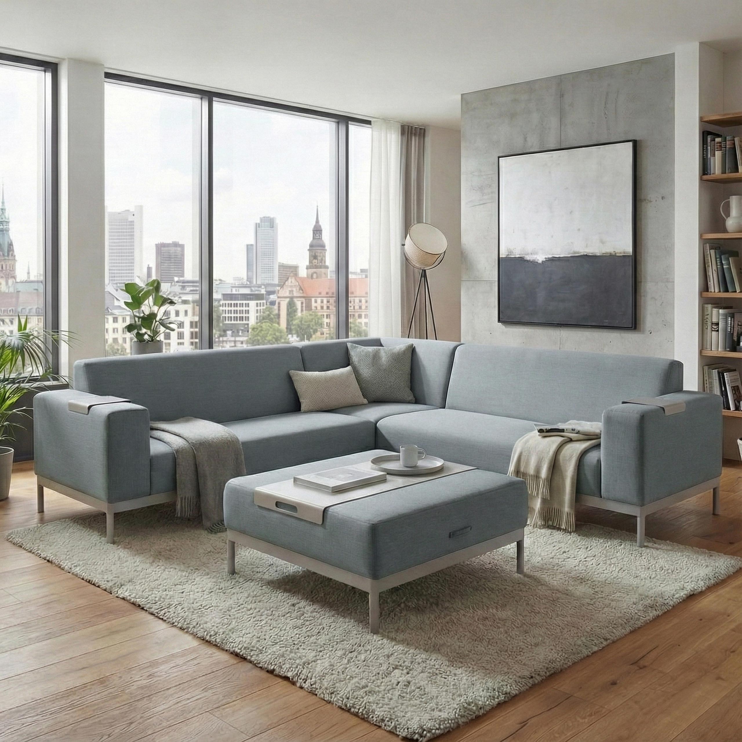 Ecksofa MCW-C47, Sofa Loungesofa Couch, Stoff/Textil Indoor wasserabweisend 245cm ~ blau mit Ablage - Bild 1