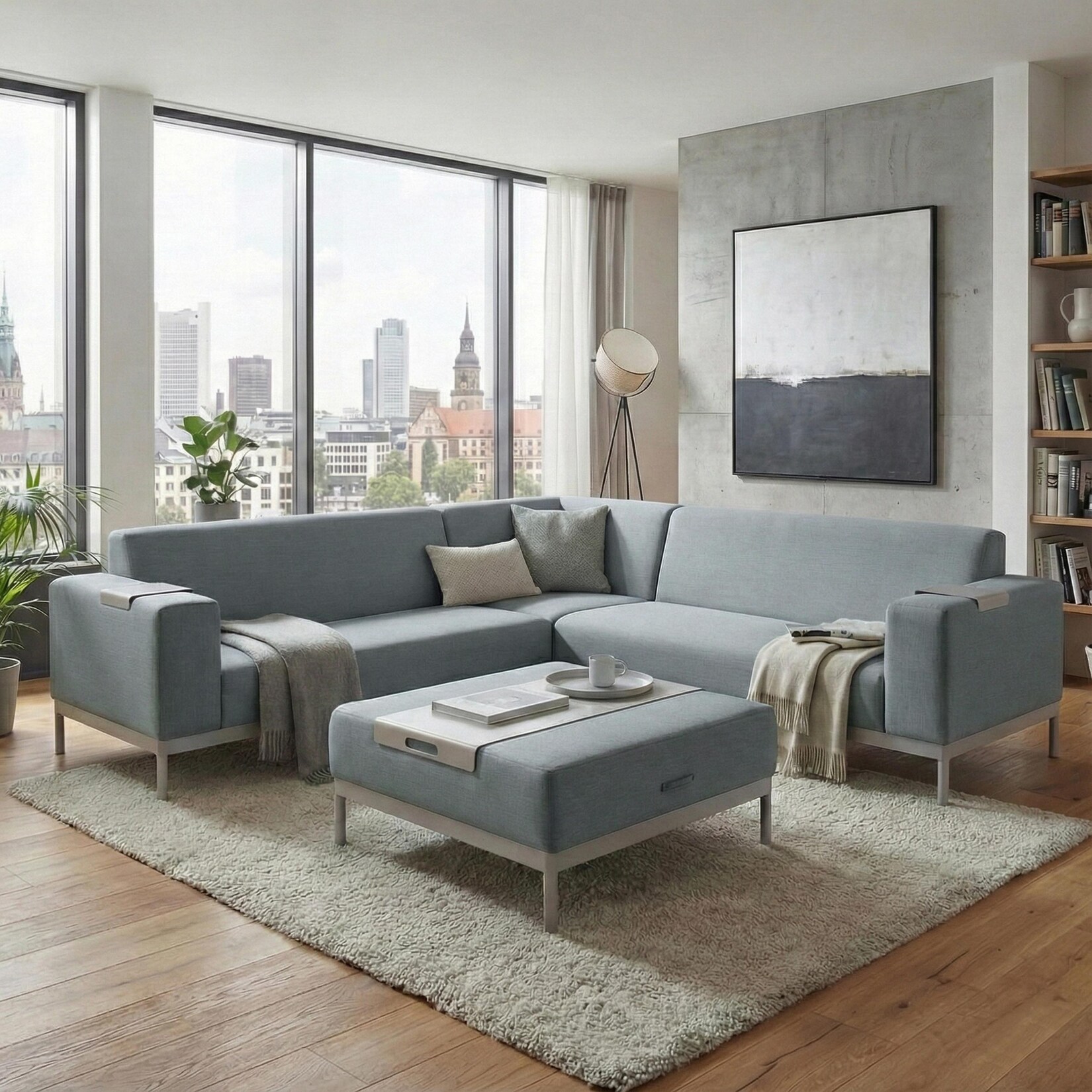 Ecksofa MCW-C47, Sofa Loungesofa Couch, Stoff/Textil Indoor wasserabweisend 245cm ~ blau mit Ablage