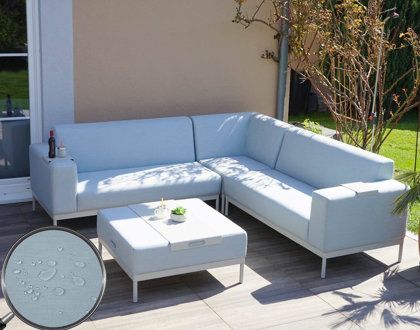 Alu-Garten-Garnitur MCW-C47, Sofa, Outdoor Stoff/Textil ~ blau mit Ablage, ohne Kissen - Bild 1