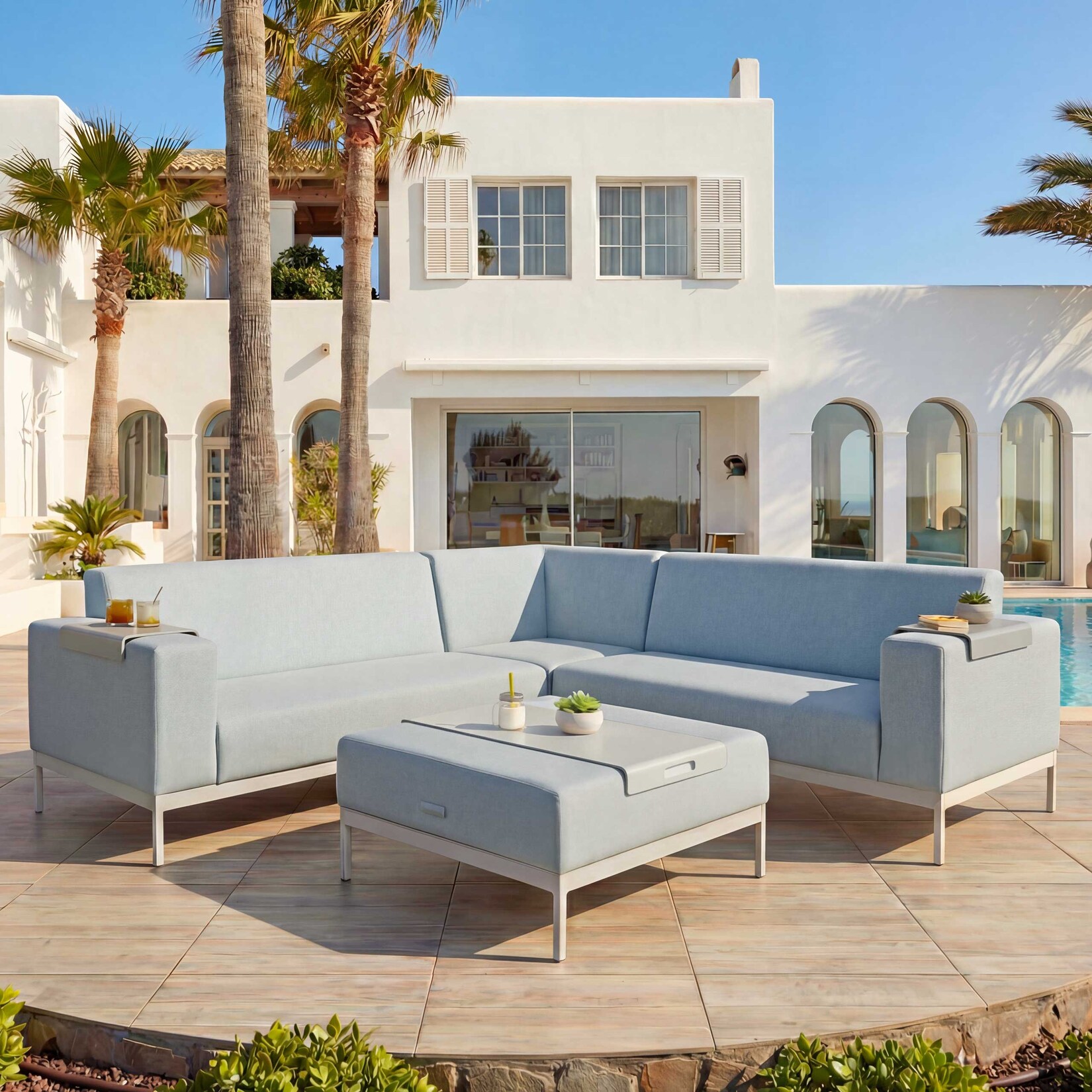 Alu-Garten-Garnitur MCW-C47, Sofa, Outdoor Stoff/Textil ~ blau mit Ablage, ohne Kissen