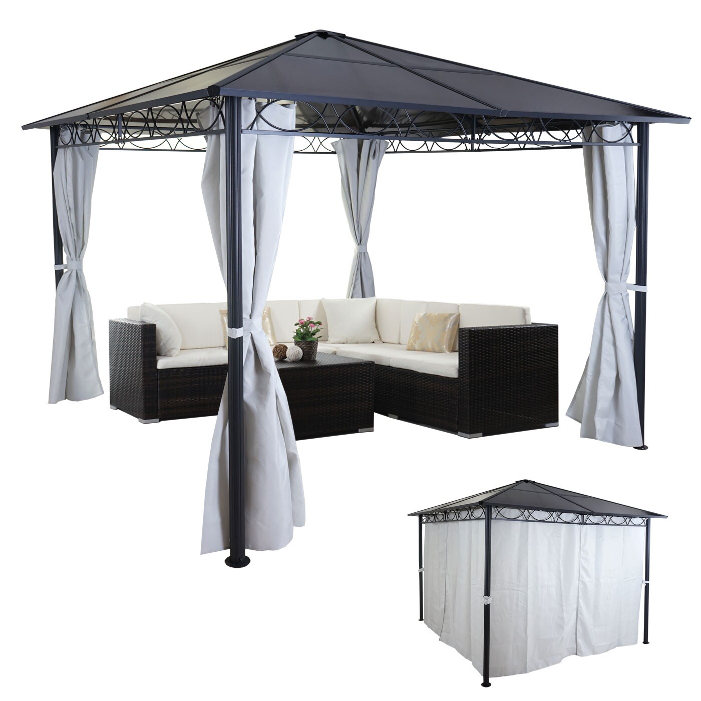 Hardtop Pergola MCW-C77, Garten Pavillon, Kunststoff-Dach Seitenwand Alu hellgrau 3x3m | 04057651173856