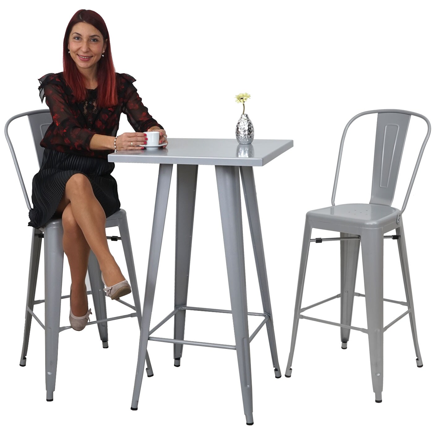 Set Stehtisch + 2x Barhocker MCW-A73, Barhocker Bartisch, Metall Industriedesign ~ grau