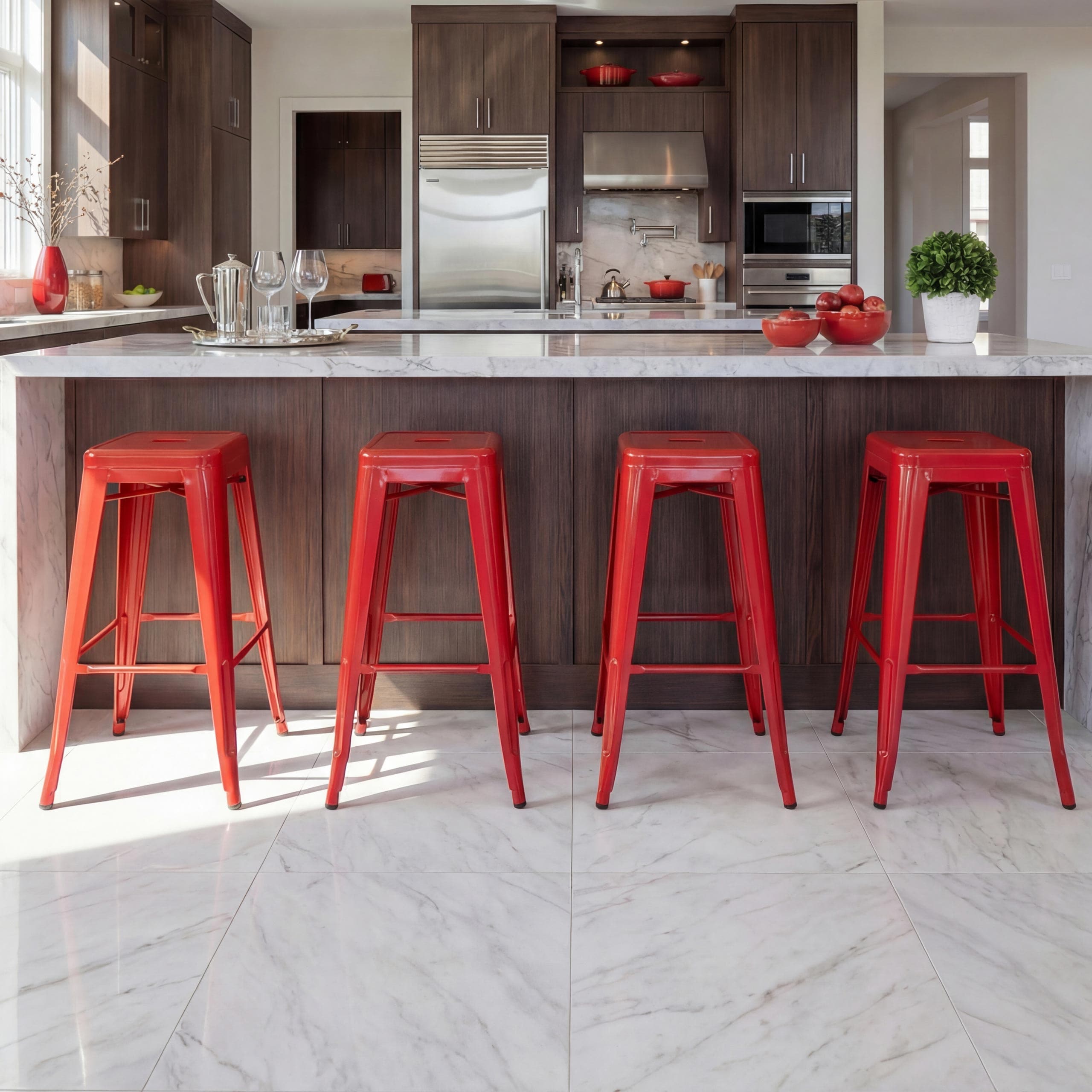 4er-Set Barhocker MCW-A73, Barstuhl Tresenhocker, Metall Industriedesign stapelbar ~ rot - Bild 1