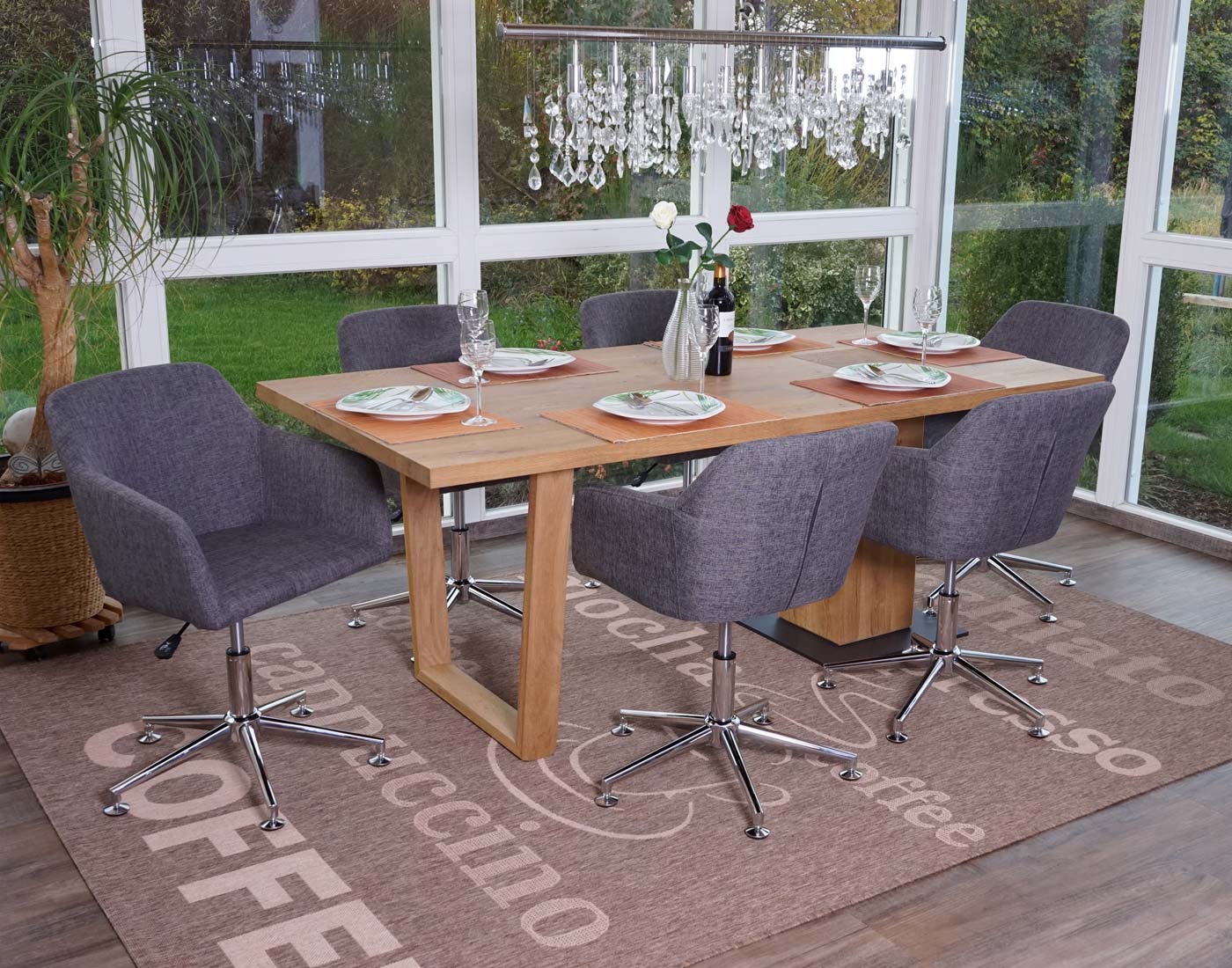 6er-Set Esszimmerstuhl MCW-A74, Drehstuhl Loungesessel, h&ouml;henverstellbar ~ Textil, grau - Bild 1