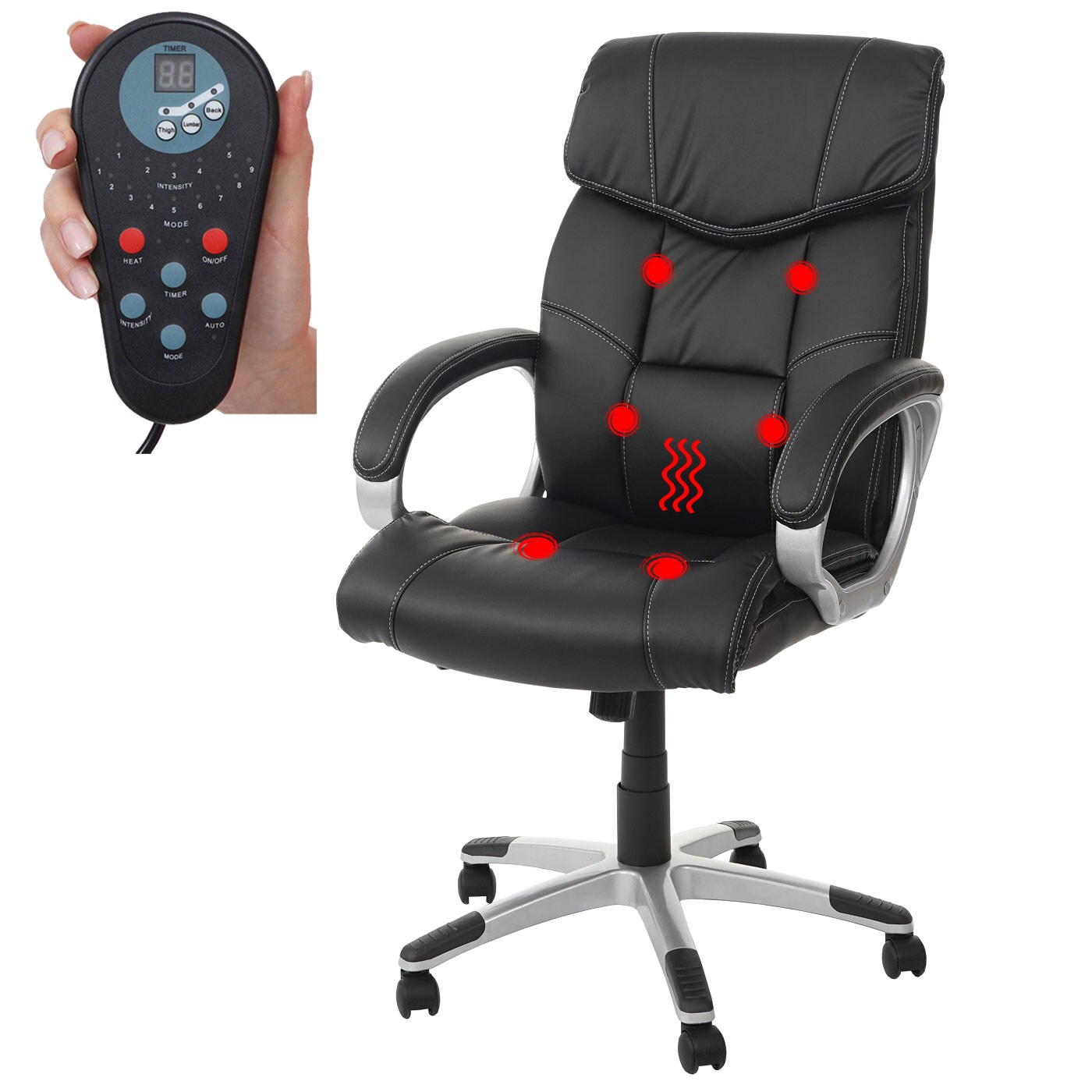 Massage-Bürostuhl MCW-A71, Drehstuhl Chefsessel, Heizfunktion Massagefunktion Kunstleder ~ schwarz | 04057651191522