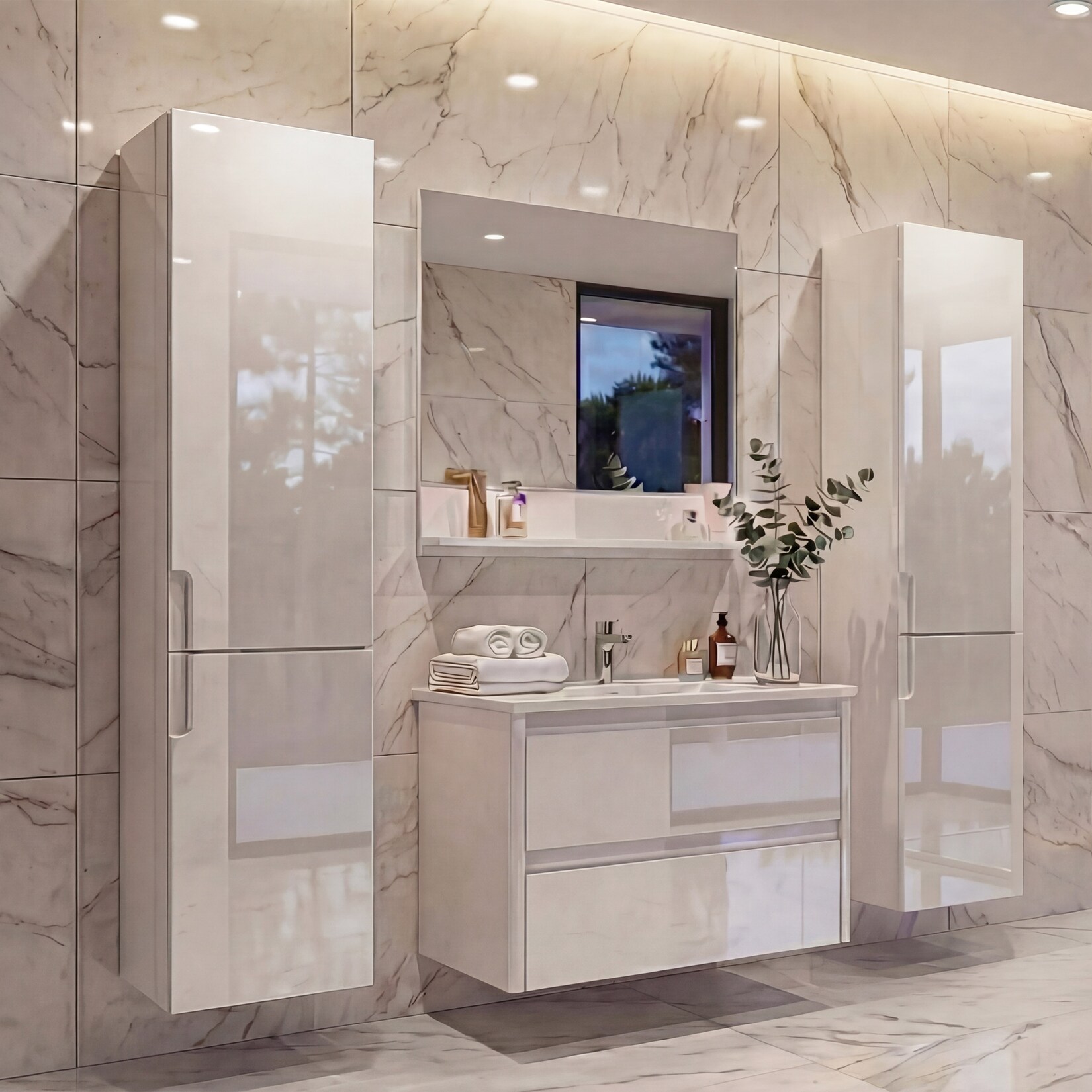 Badezimmerset MCW-B19, Waschtisch Wandspiegel 2x Hängeschrank, hochglanz ~ weiß | 04057651189062