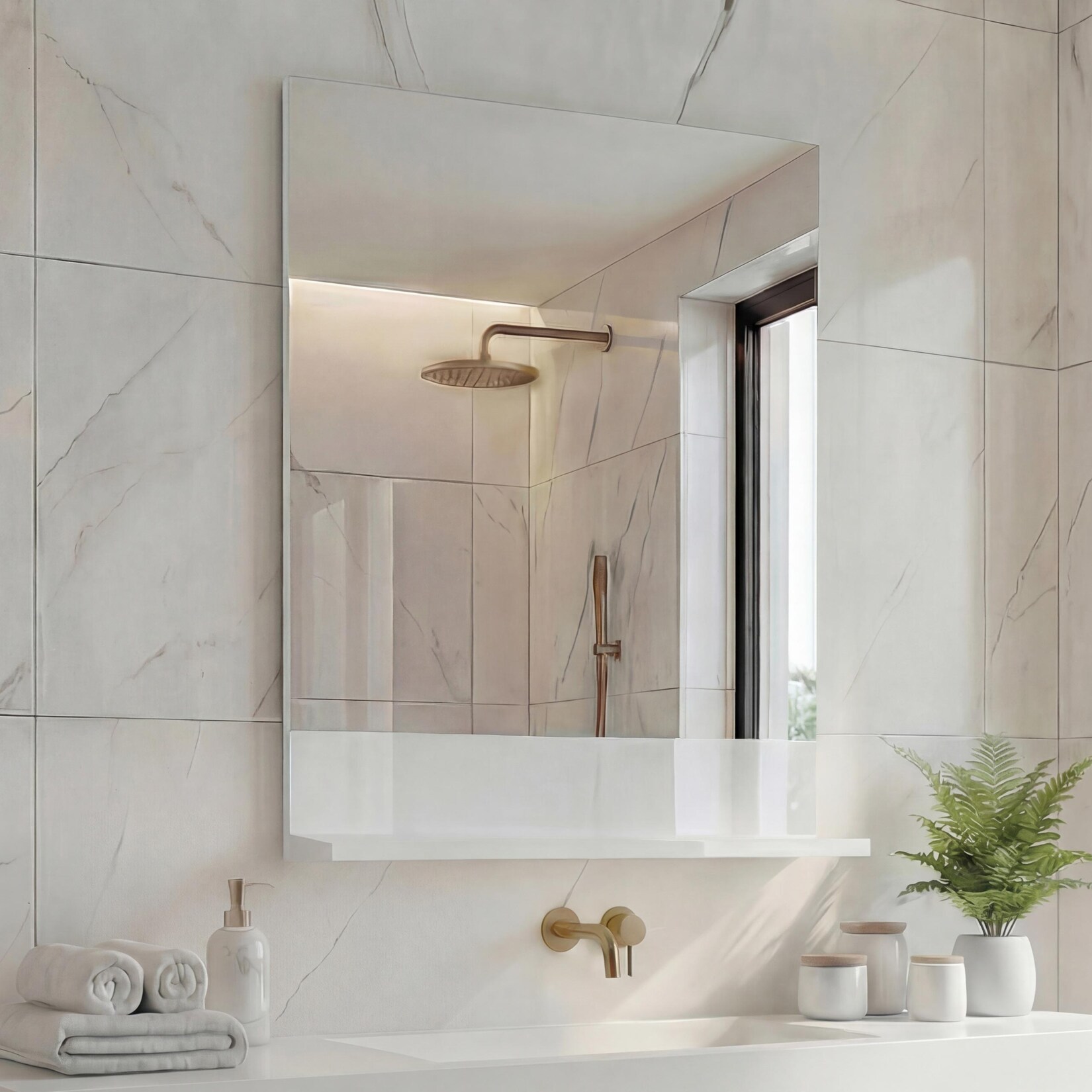 Wandspiegel mit Ablage MCW-B19, Badspiegel Badezimmer, hochglanz 75x60cm ~ weiß | 04057651189413