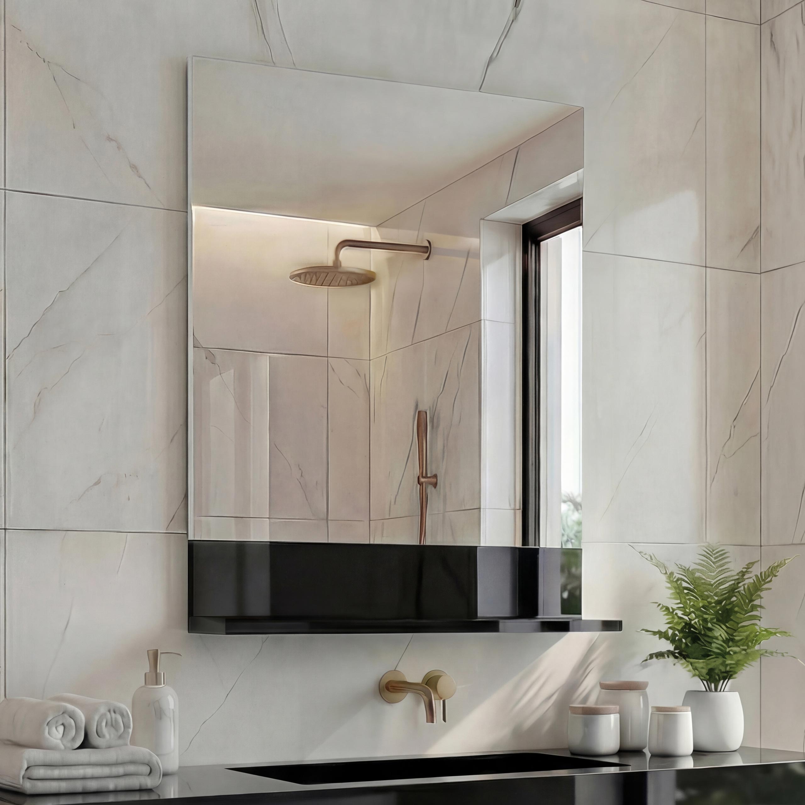 Wandspiegel mit Ablage MCW-B19, Badspiegel Badezimmer, hochglanz 75x60cm ~ schwarz - Bild 1