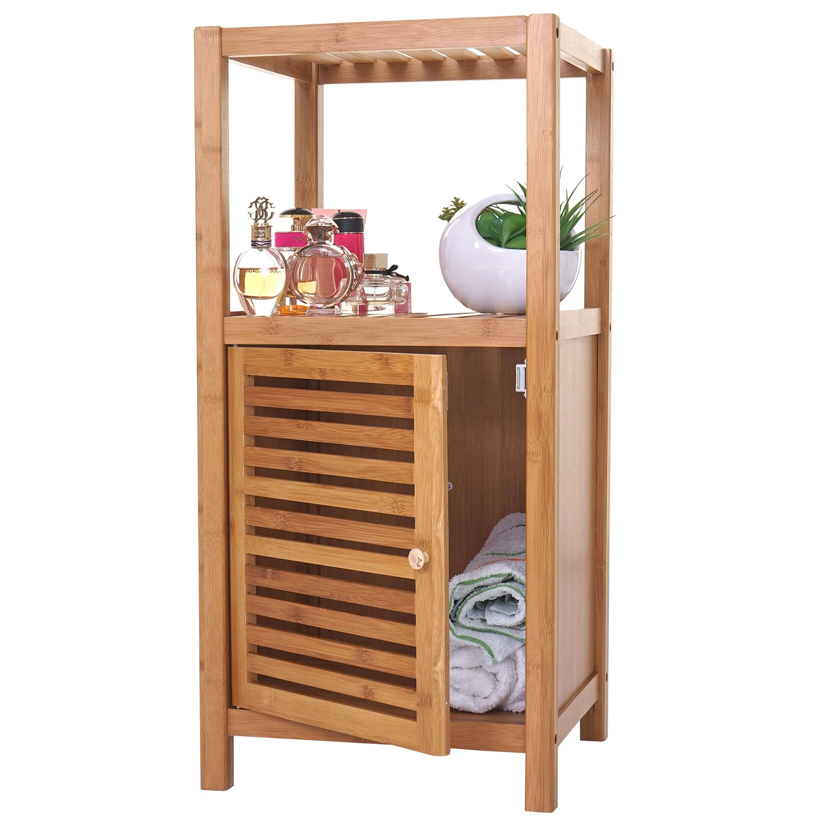 Badregal MCW-B18, Badezimmer Badschrank Standregal mit Tür, Bambus ~ 80x36x34cm