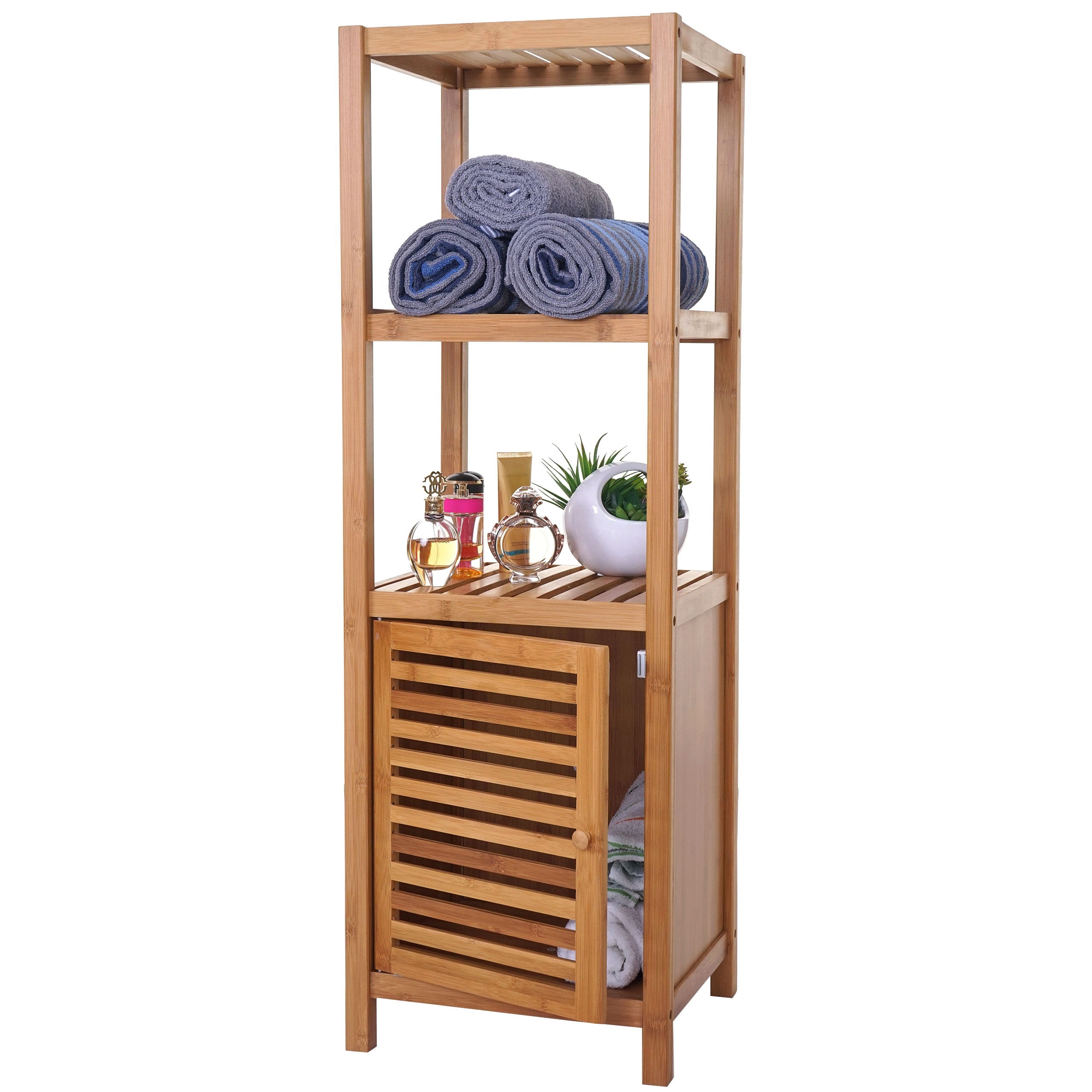 Badregal MCW-B18, Badezimmer Badschrank Standregal mit T&uuml;r, Bambus ~ 110x36x34cm - Bild 1