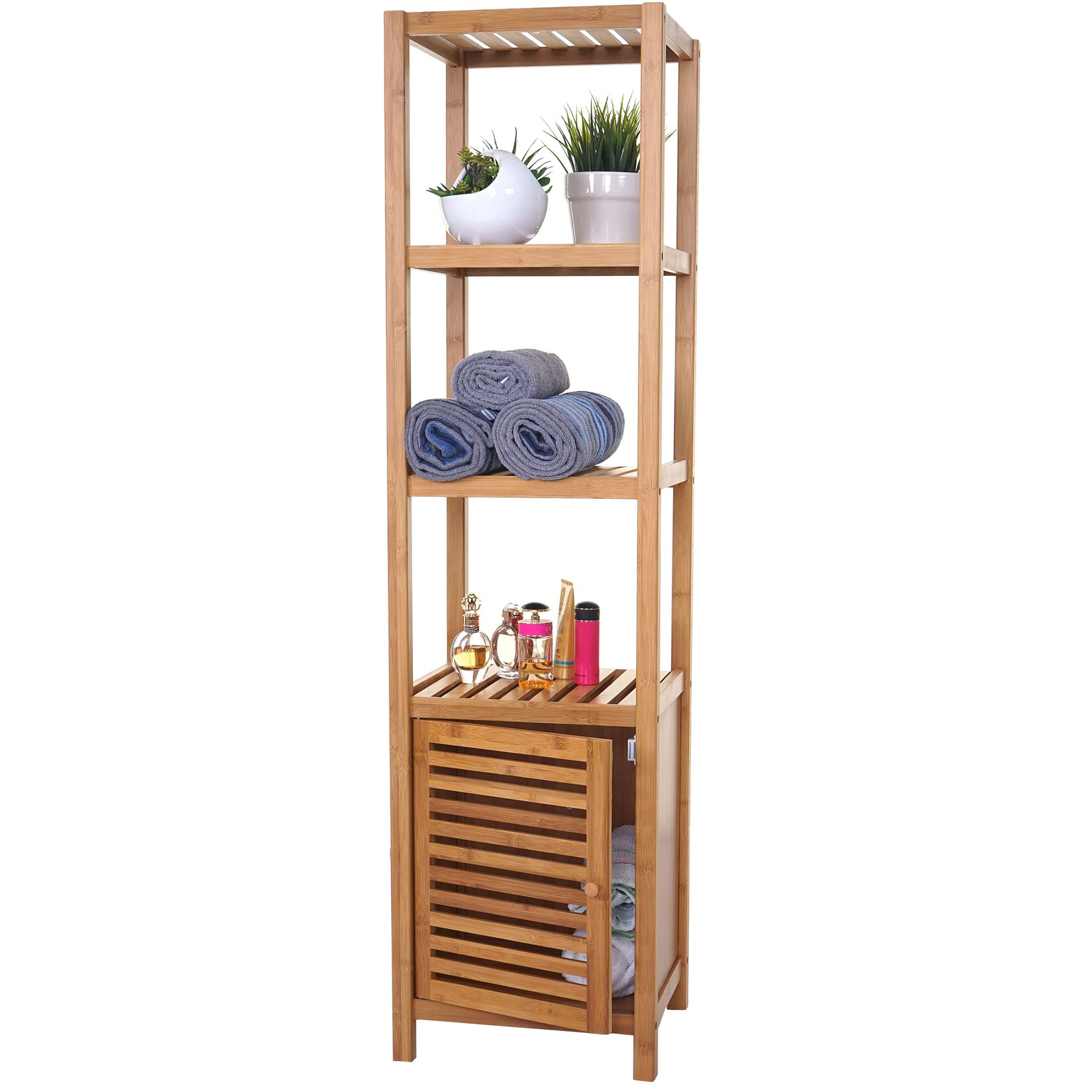 Badregal MCW-B18, Badezimmer Badschrank Standregal mit Tür, Bambus ~ 140x36x34cm