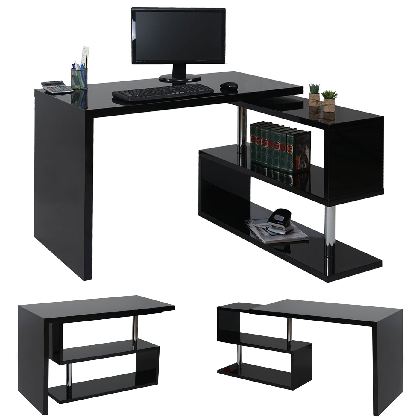 Design Eckschreibtisch MCW-A68, B&uuml;rotisch Schreibtisch, hochglanz drehbar 120x60cm ~ schwarz - Bild 1