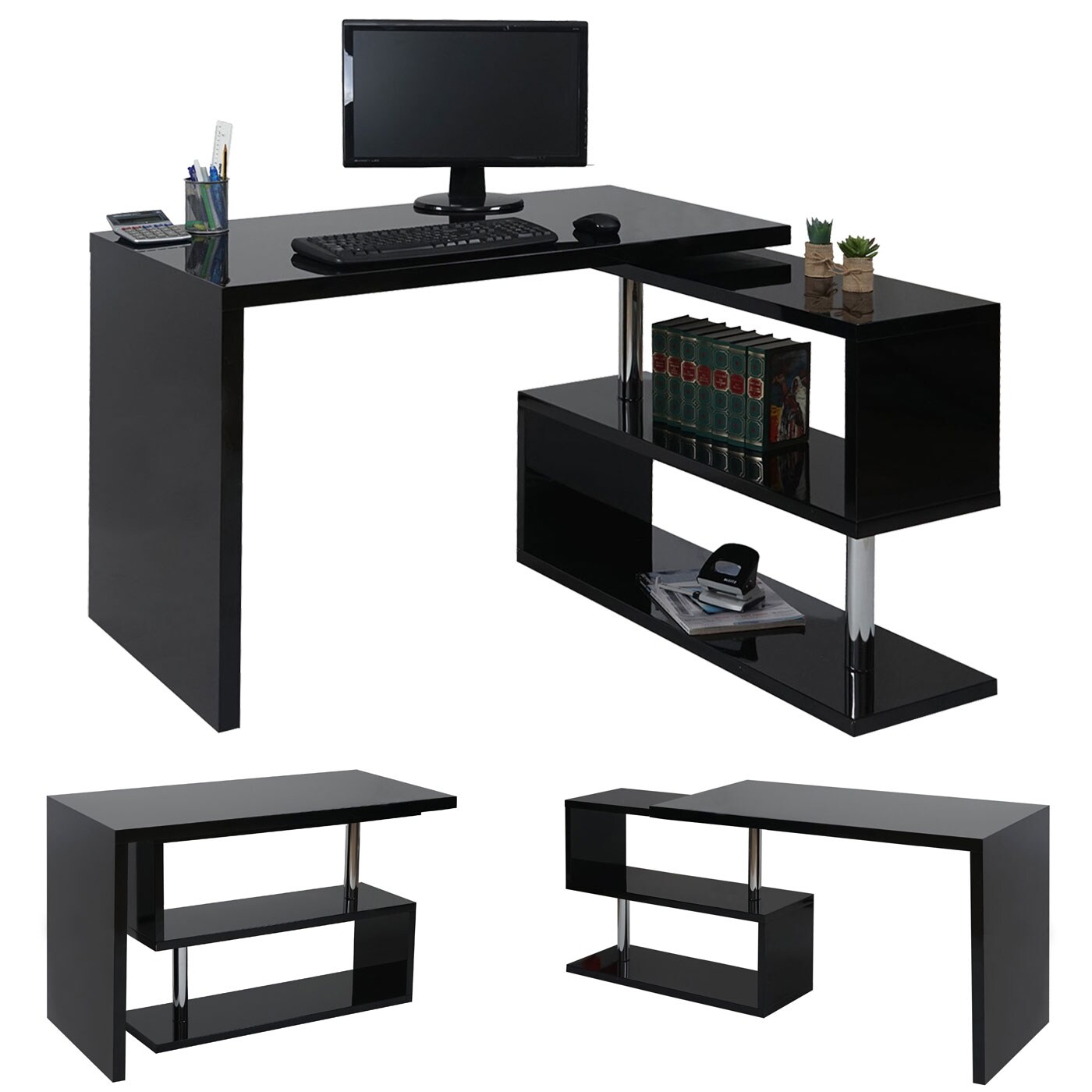 Design Eckschreibtisch MCW-A68, Bürotisch Schreibtisch, hochglanz drehbar 120x60cm ~ schwarz | 04057651181493