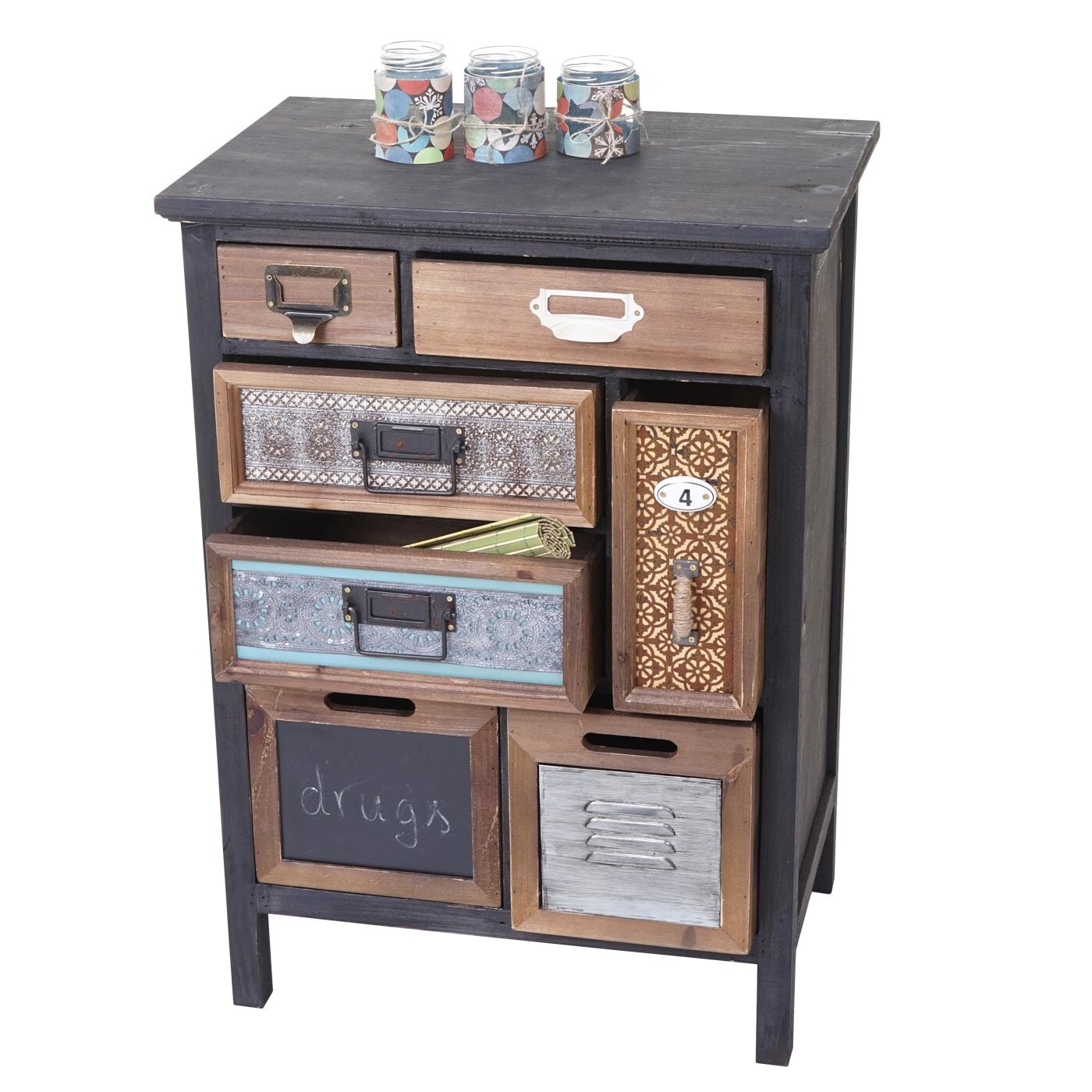 Apotheker-Schrank MCW-A43, Kommode, Tanne Holz massiv Vintage Patchwork 78x55x35cm