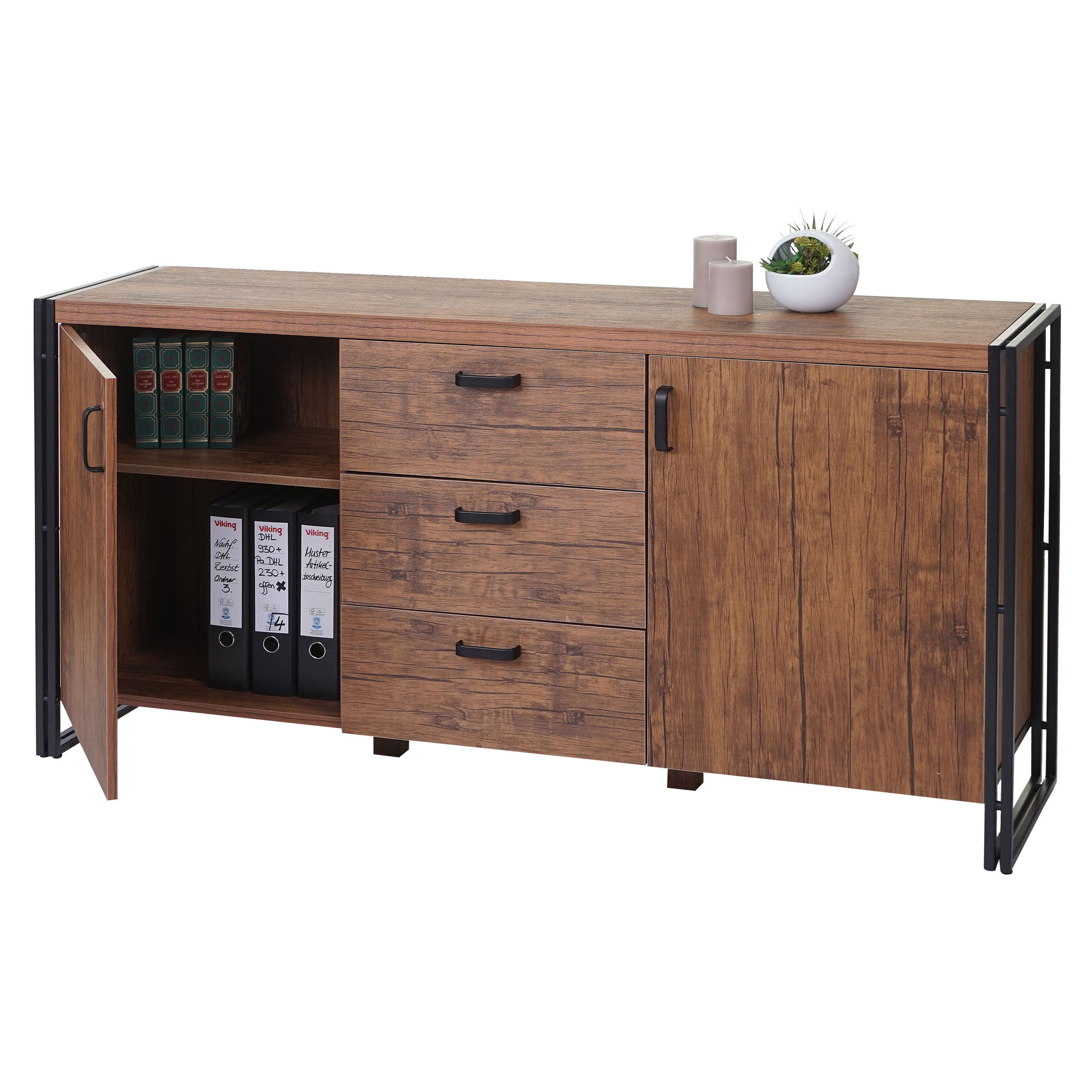 Sideboard MCW-A27, Kommode Schrank, 3D-Struktur 2 Stauf&auml;cher 80x160x40cm MVG-zertifiziert MDF Metall ~ Wildeiche-Optik - Bild 1