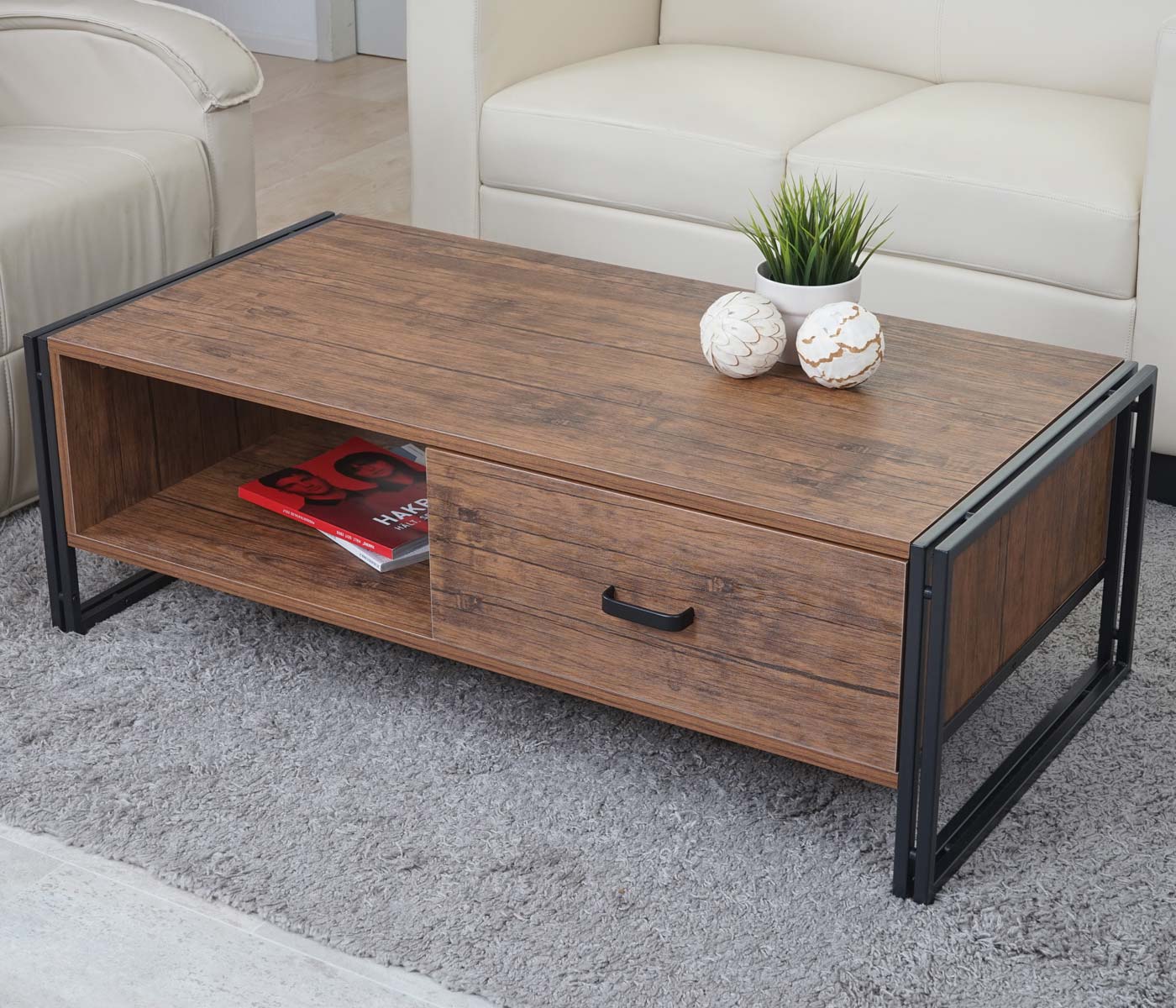 Couchtisch MCW-A27, Beistelltisch Wohnzimmertisch, 41x120x60cm 3D-Struktur, Metall MDF ~ Wildeiche-Optik - Bild 1