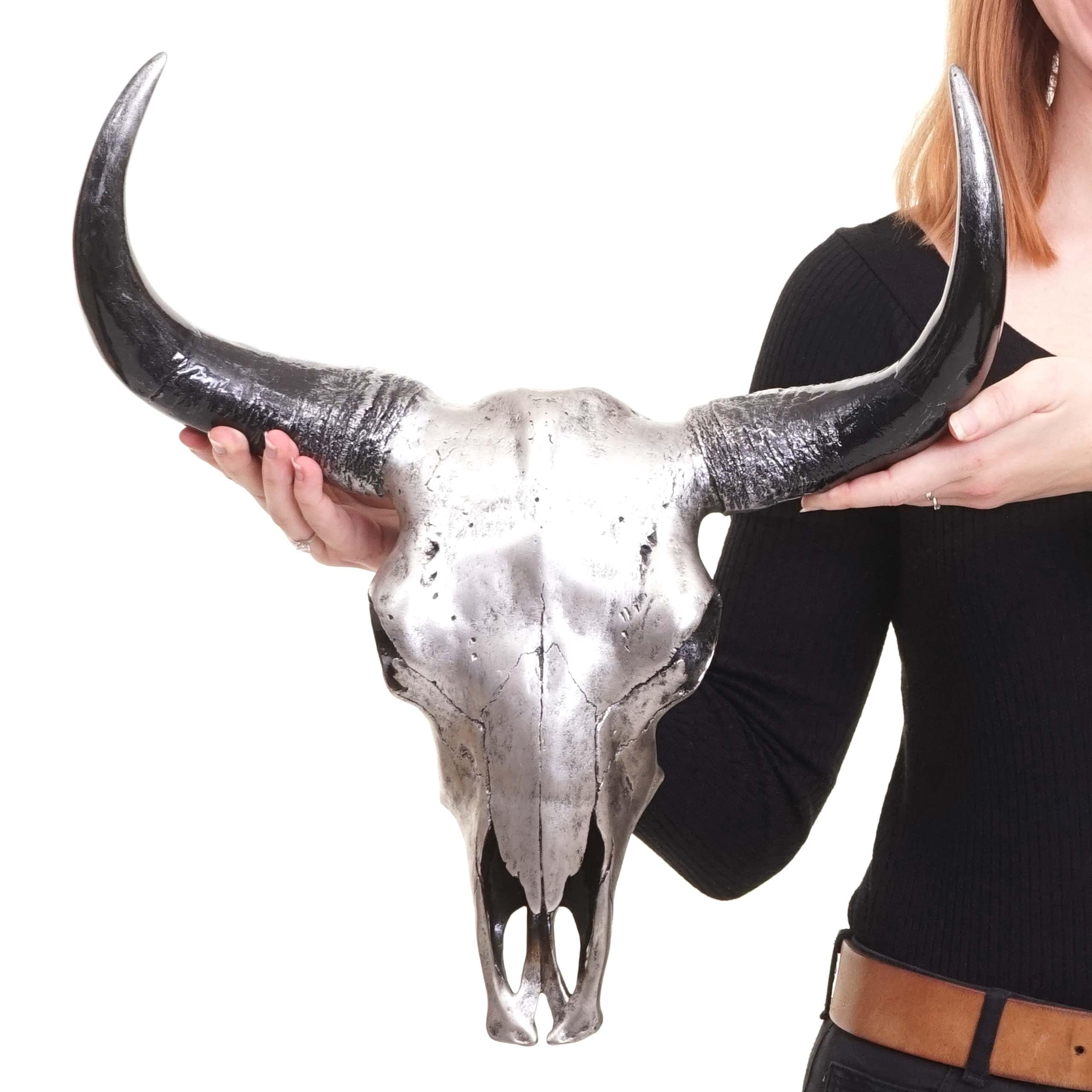 Deko Sch&auml;del 45cm MCW-T454, Polyresin Stier Bulle Longhorn Kopf Troph&auml;e, In-/Outdoor ~ silberfarben - Bild 1