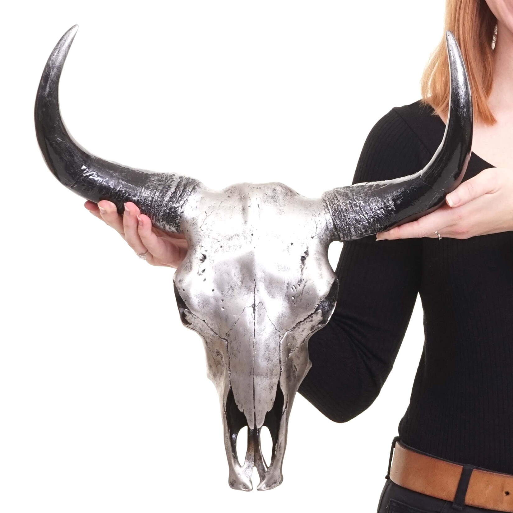 Deko Schädel 45cm MCW-T454, Polyresin Stier Bulle Longhorn Kopf Trophäe, In-/Outdoor ~ silberfarben | 04057651416793