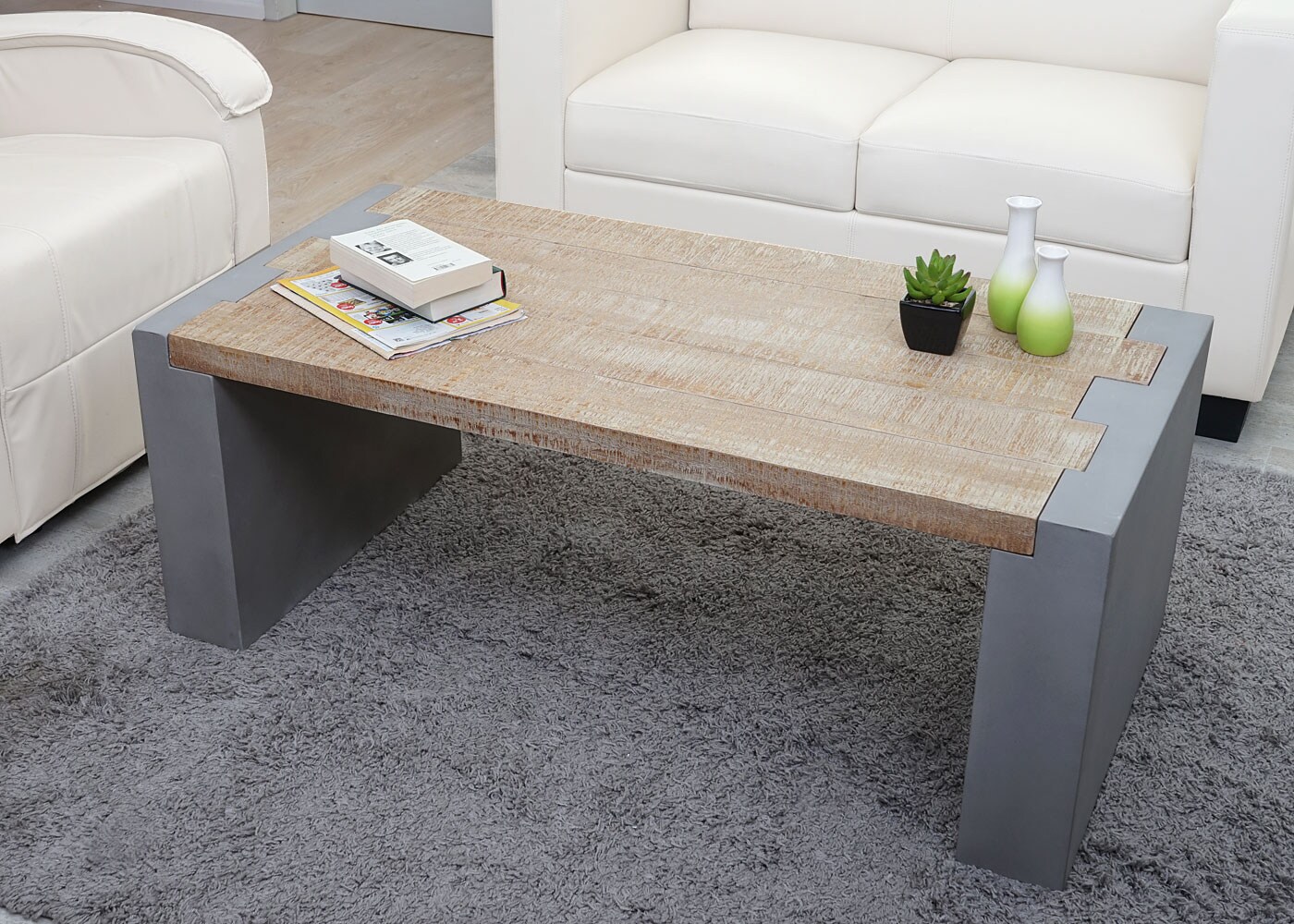 Couchtisch MCW-A15, Wohnzimmertisch, Beton-Optik Tanne Holz rustikal massiv MVG-zertifiziert 46x122x60cm