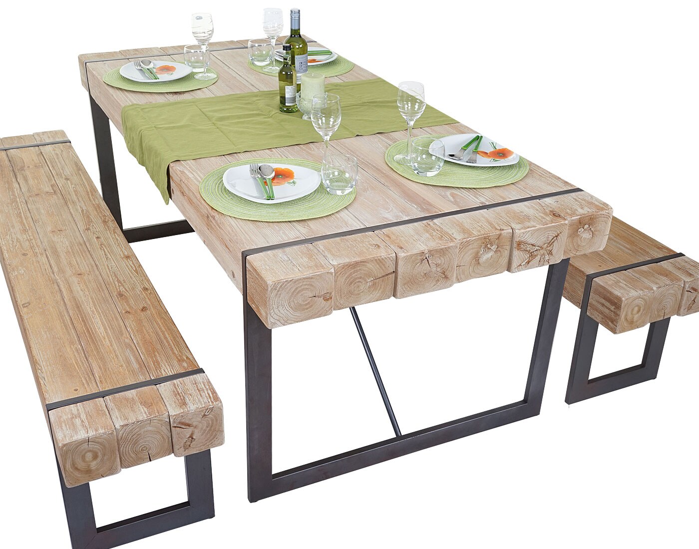 Esszimmergarnitur MCW-A15, Esstisch + 2x Sitzbank, Tanne Holz rustikal massiv MVG-zertifiziert ~ naturfarben 200cm | 04057651186665